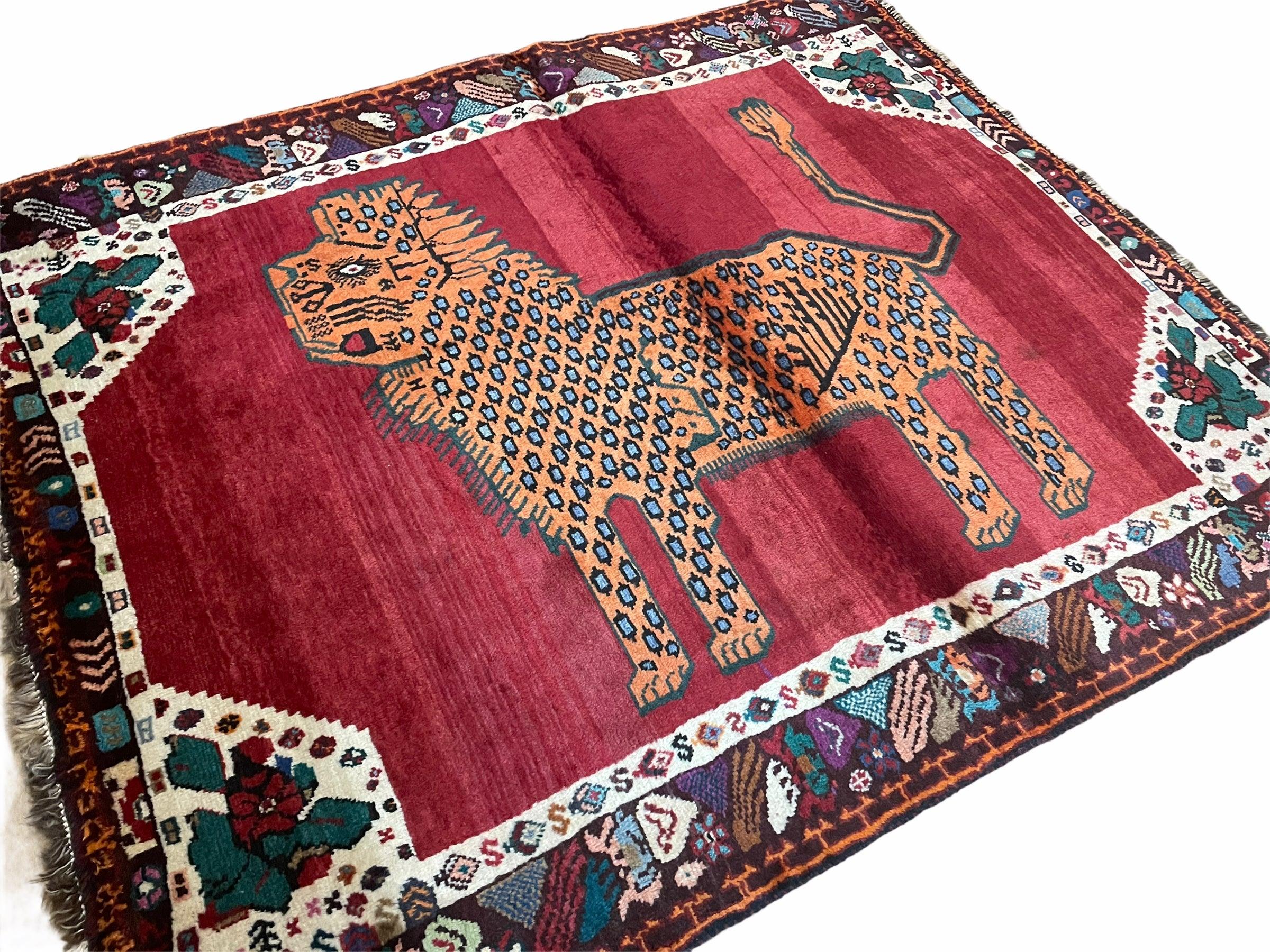 Antique Persian Gabbeh Wool Rug 4x5, Lion Pictorial Rug, Red Orange Black, Hand Knotted Handmade Vintage Gabbeh Carpet 4 x 5 ft, Tribal Rug