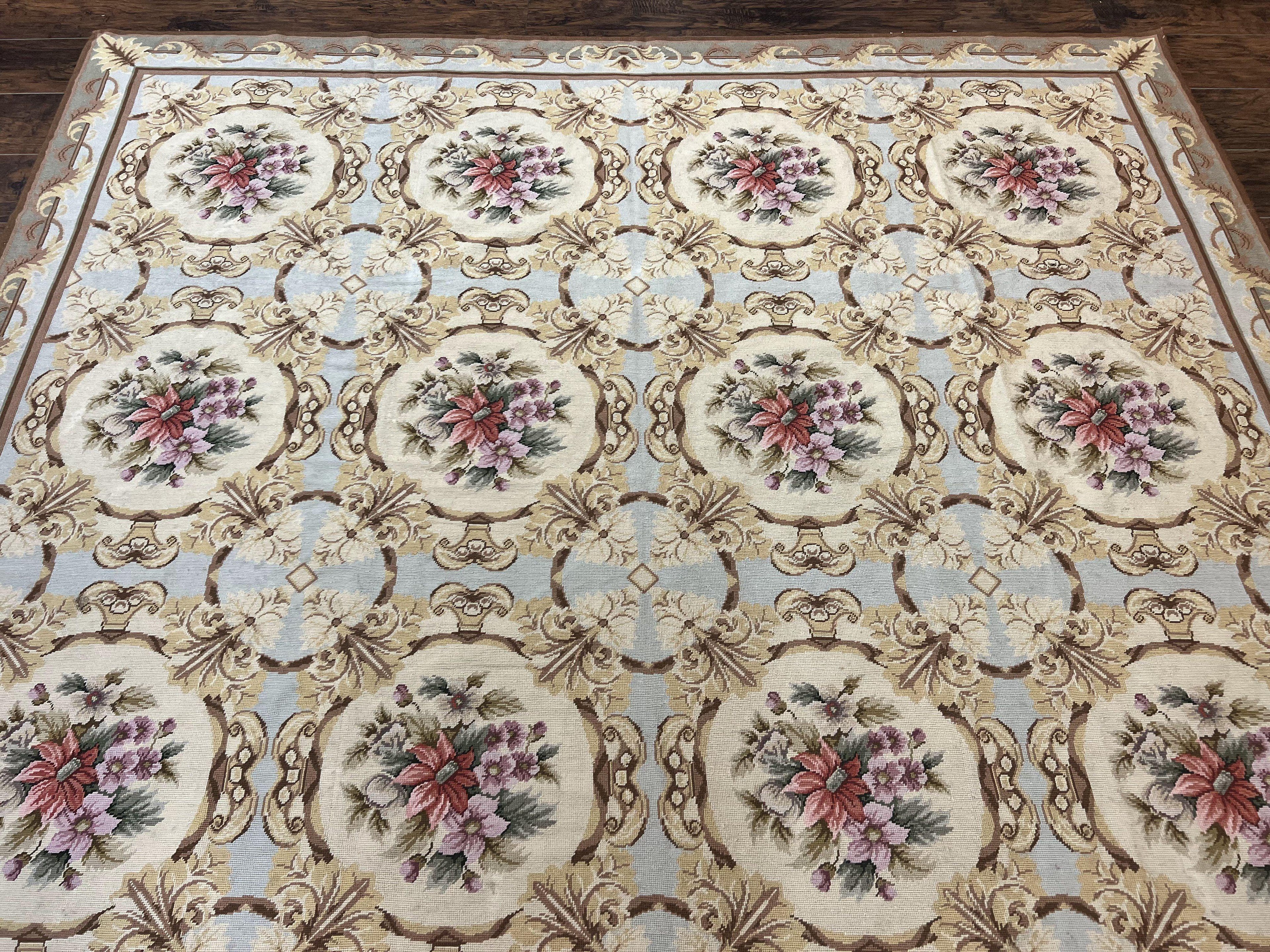 Chinese Needlepoint Rug 8x11, Handmade Wool Needlepoint Carpet, Vintage, Sky Blue