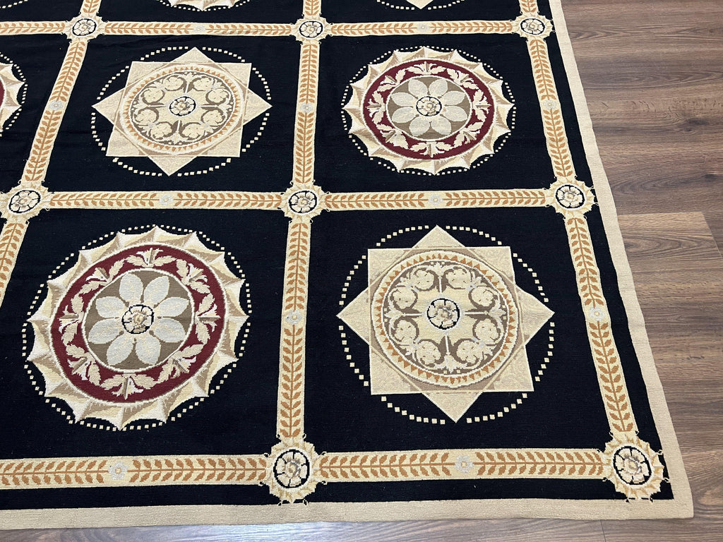 Large Needlepoint Rug 10x13, Panel Design, Black and Beige, Wool Needlepoint Carpet 10 x 13, English Garden, Handwoven Area Rug, Living Room