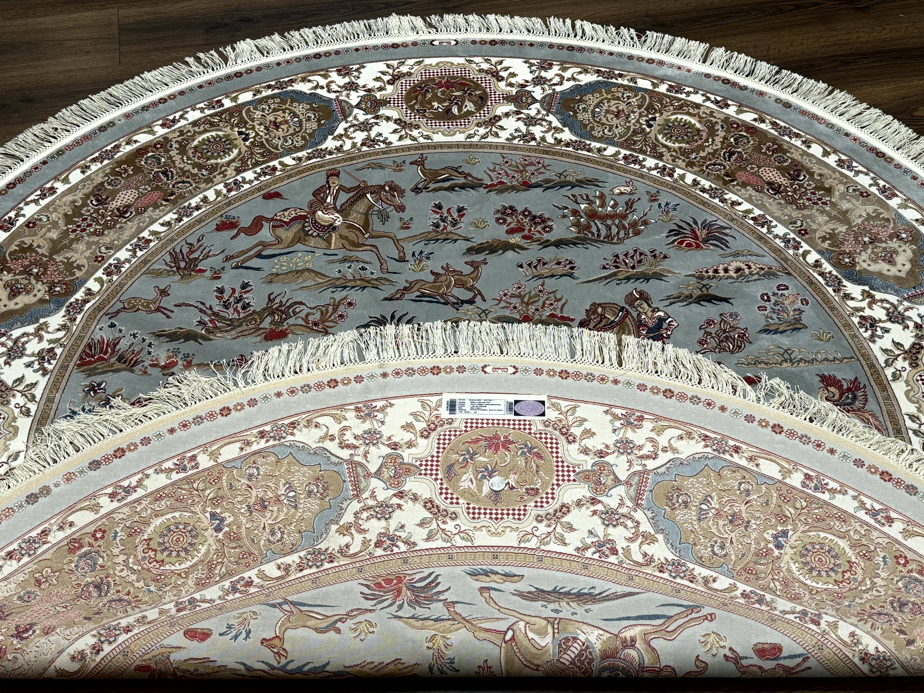 Round Silk Rug 6x6, Hunting Design, Bamboo Silk, Animal Pictorials