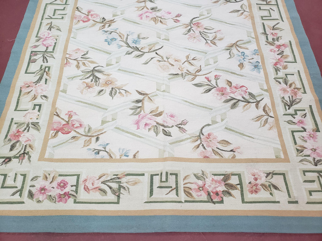 Vintage Aubusson Area Rug, Aubusson Flat weave Carpet, Floral Geometric Pattern, Beige Teal Green, 4x6 Rug, European Design