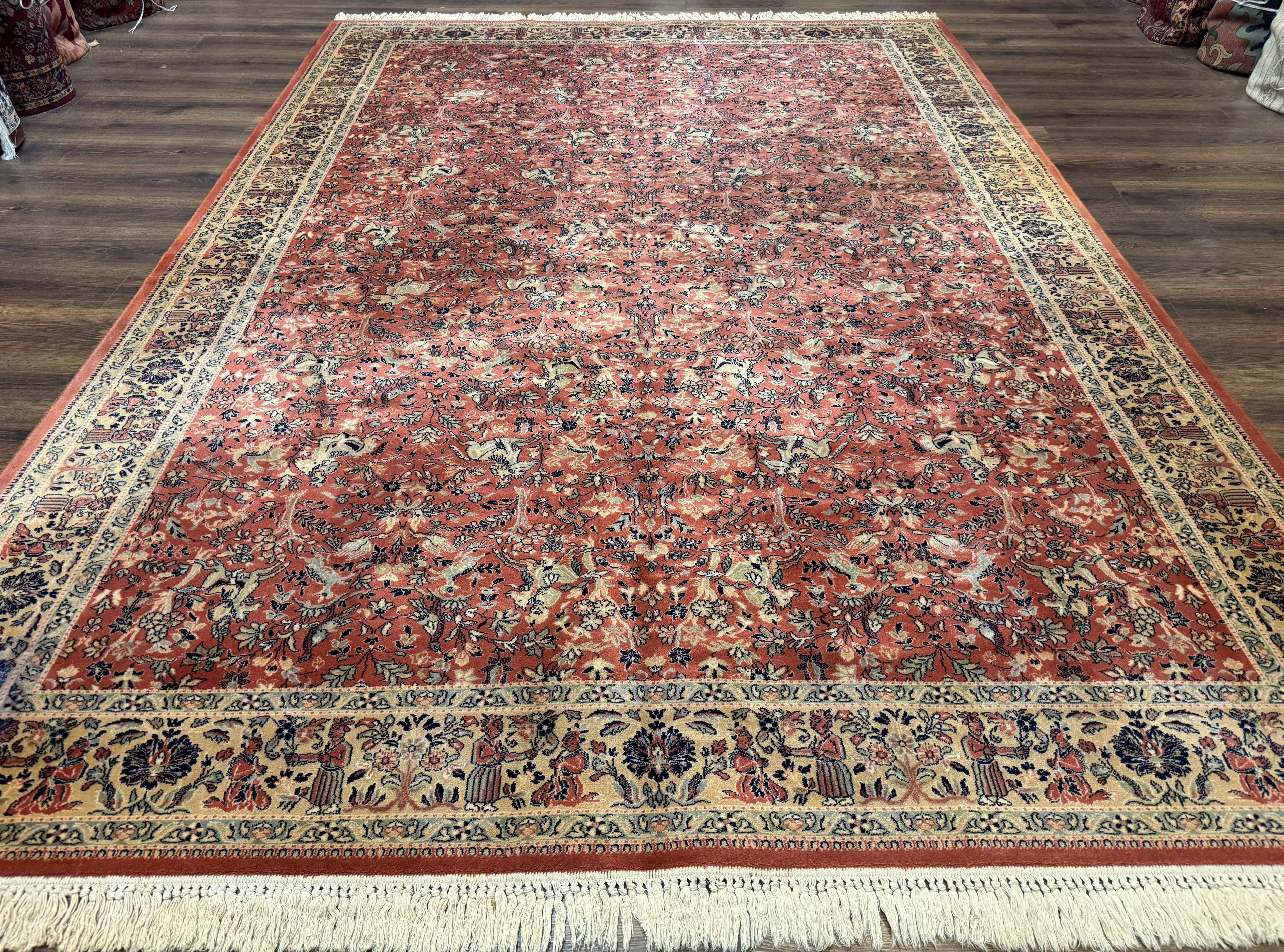 Persian Area Rug 8 x 11.6, Wool, Royal Hunting Scene, Vintage Couristan Rug, Red, Allover Pattern, Belgium Power Loomed