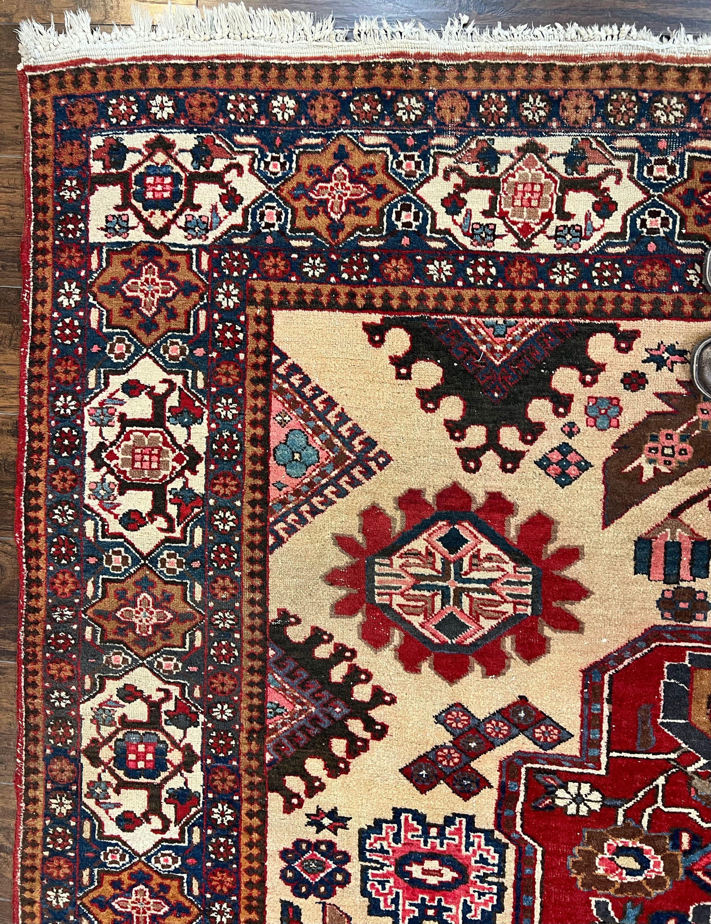 Antique Persian Heriz Rug 8x12 ft, Geometric Tribal Room Sized Carpet, Camel Hair Red Navy Blue, Wool Hand Knotted Medallion Oriental Carpet