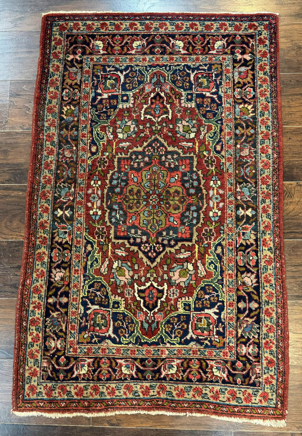 Antique Persian Tabriz Rug 3x5, Brick Red Navy Blue, Floral Medallion, Small Persian Carpet