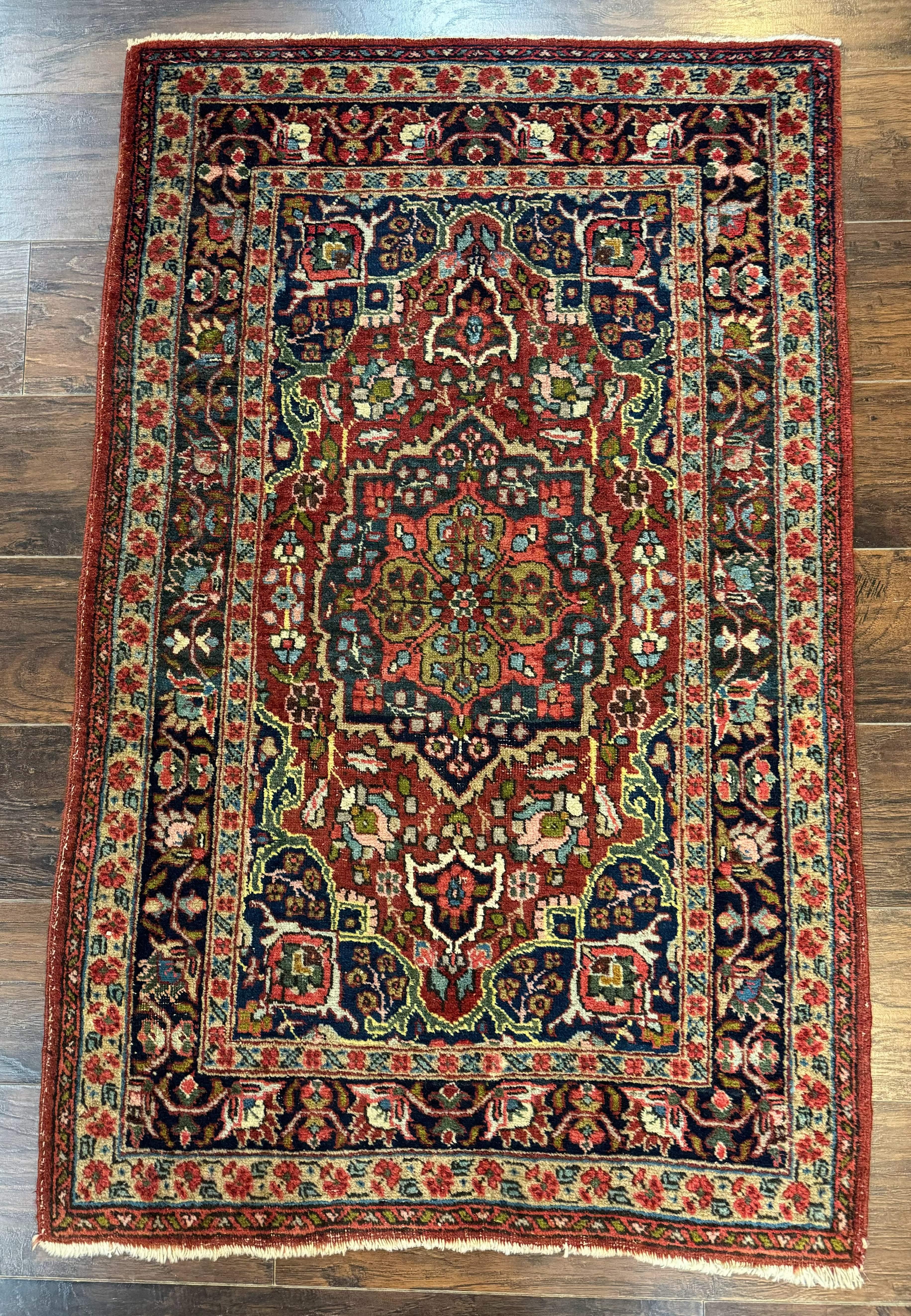 Antique Persian Tabriz Rug 3x5, Brick Red Navy Blue, Floral Medallion, Small Persian Carpet