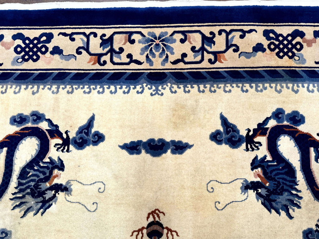 Chinese Dragon Peking Rug 8 x 11.6, Ivory and Blue, Chinese Wool Rug, Vintage
