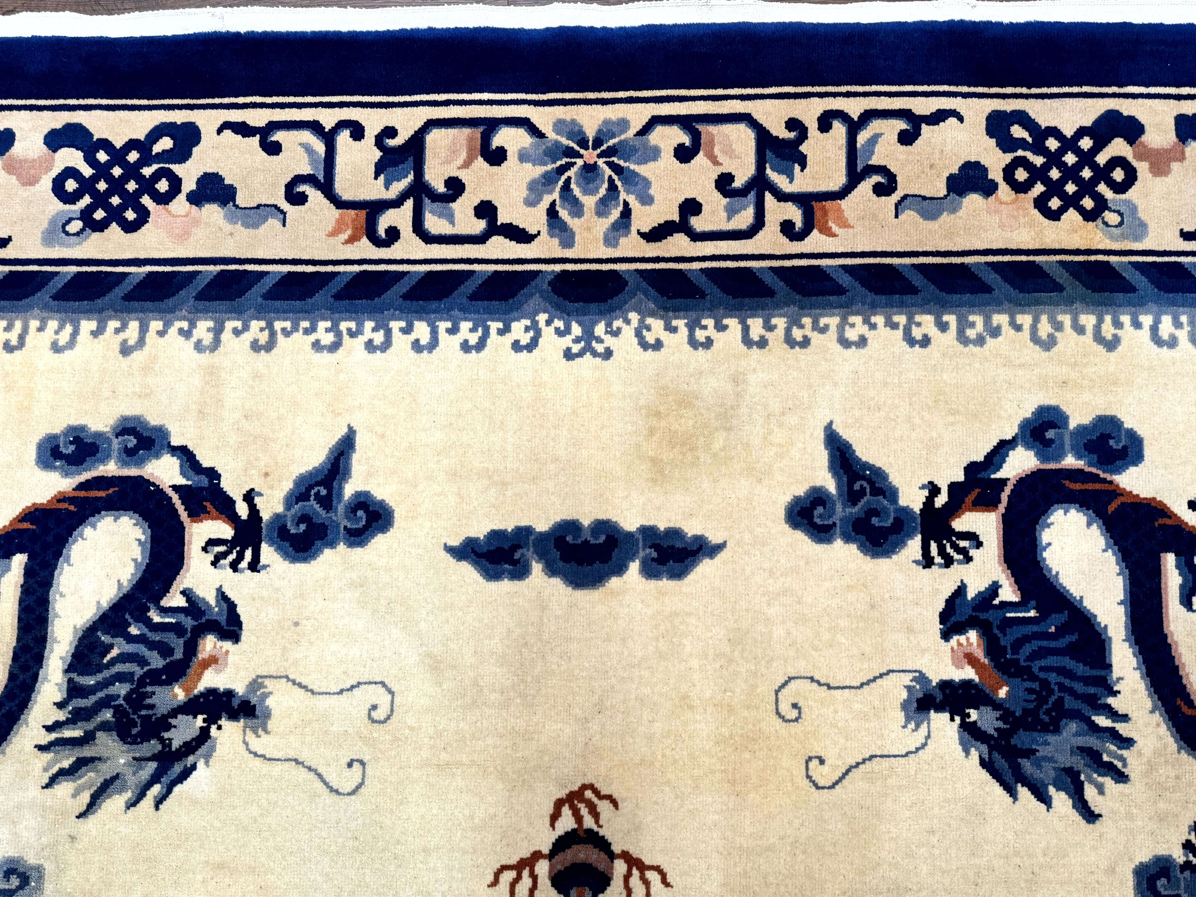 Chinese Dragon Peking Rug 8 x 11.6, Ivory and Blue, Chinese Wool Rug, Vintage