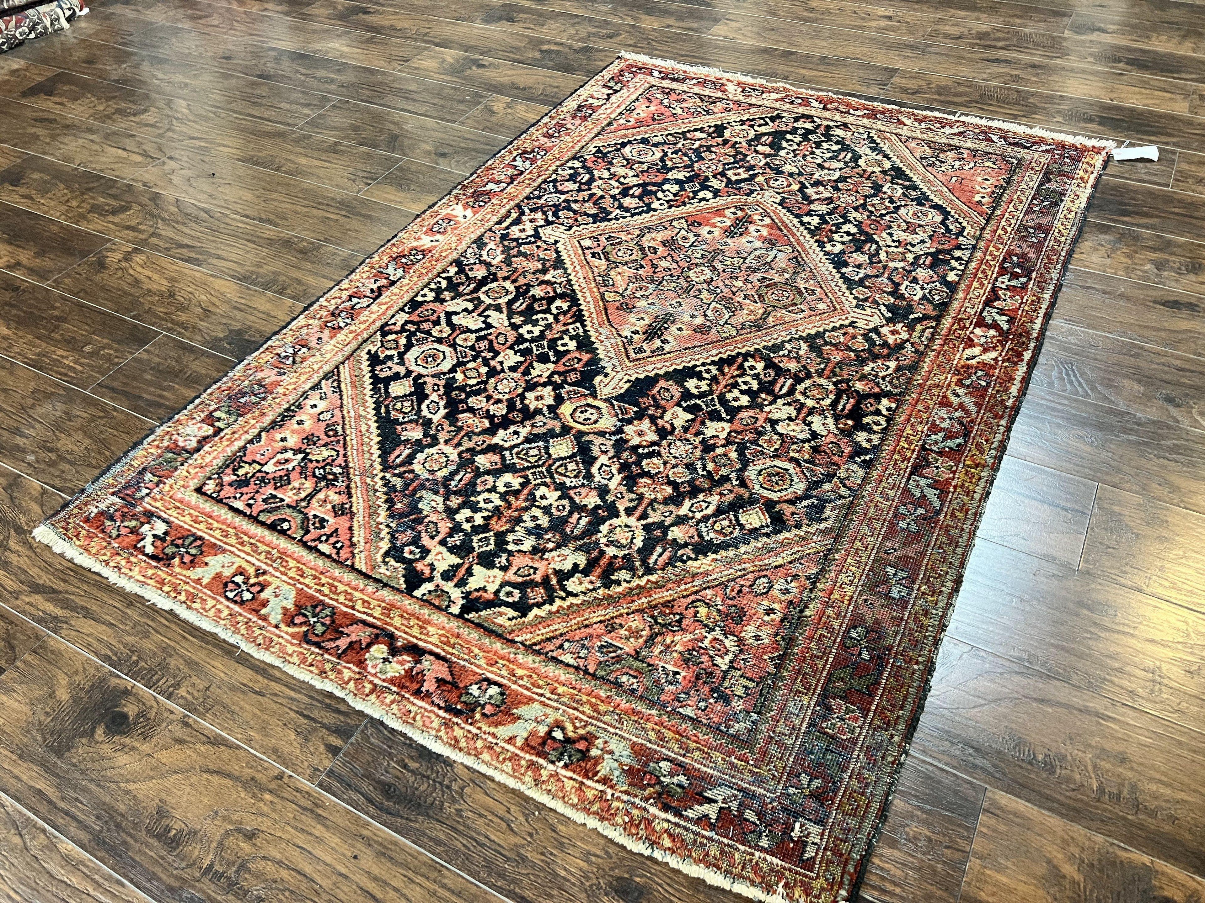 Antique Persian Mahal Rug 4x7, Wool Hand Knotted Tribal Geometric Carpet