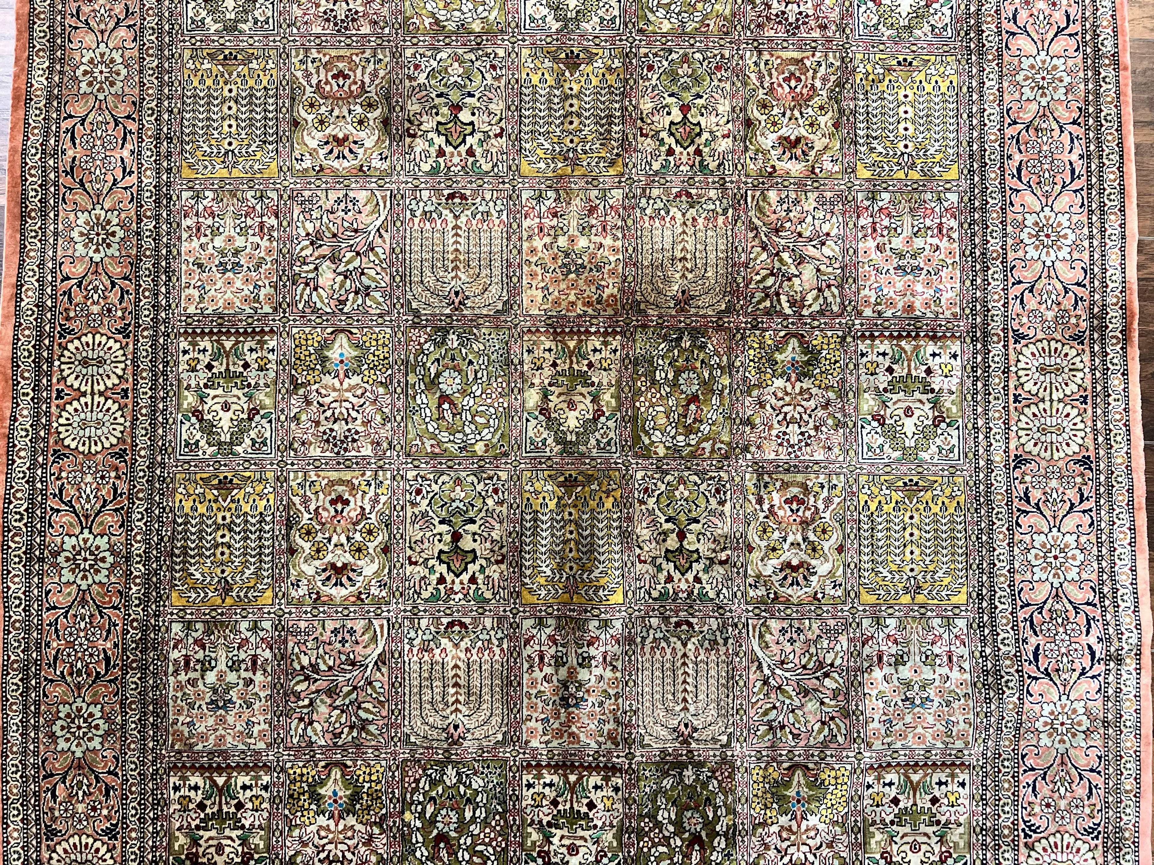 Magnificent Persian Silk Rug 3.7 x 5, Persian Qum Rug, Panel Design, Kheshti Garden, Extremely Fine 650 KPSI - 70 Raj, Hand Knotted, Vintage, Multicolor