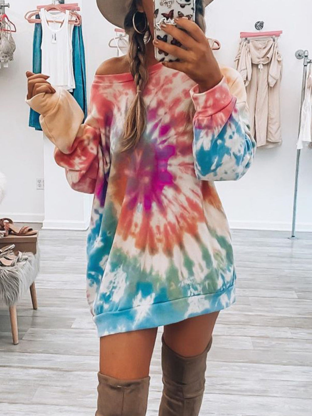 Full Size Tie-Dye Round Neck Long Sleeve Dress Trendy & Comfortable Casual Dress for Women