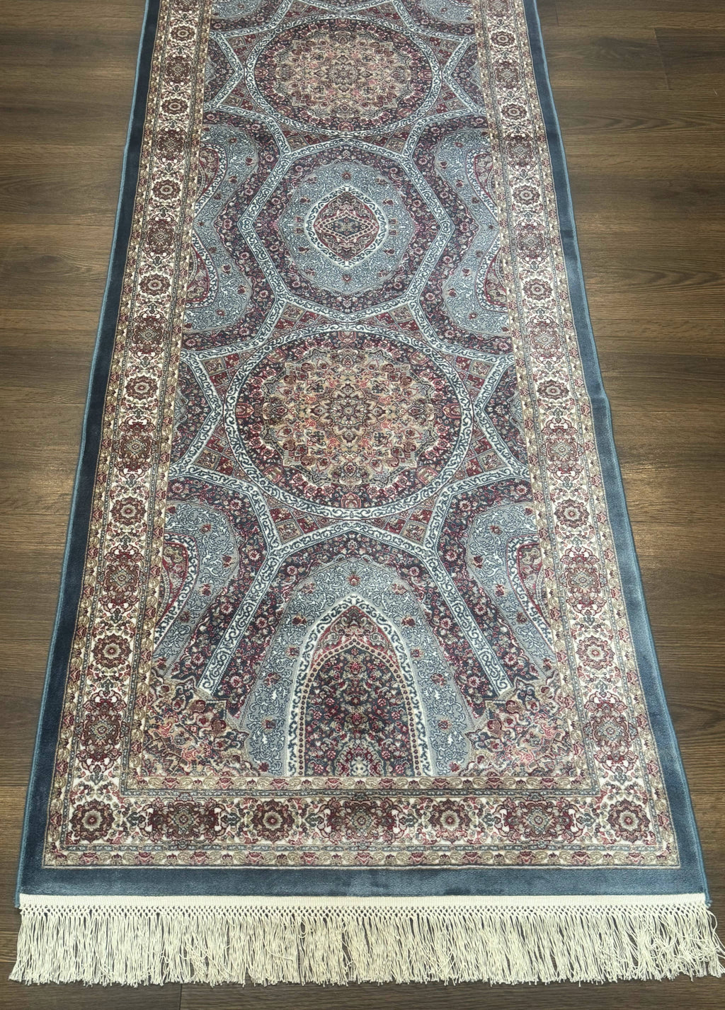 Turkish Silk Runner Rug 2.6 x 10, Light Blue Carpet, Bamboo Silk, New