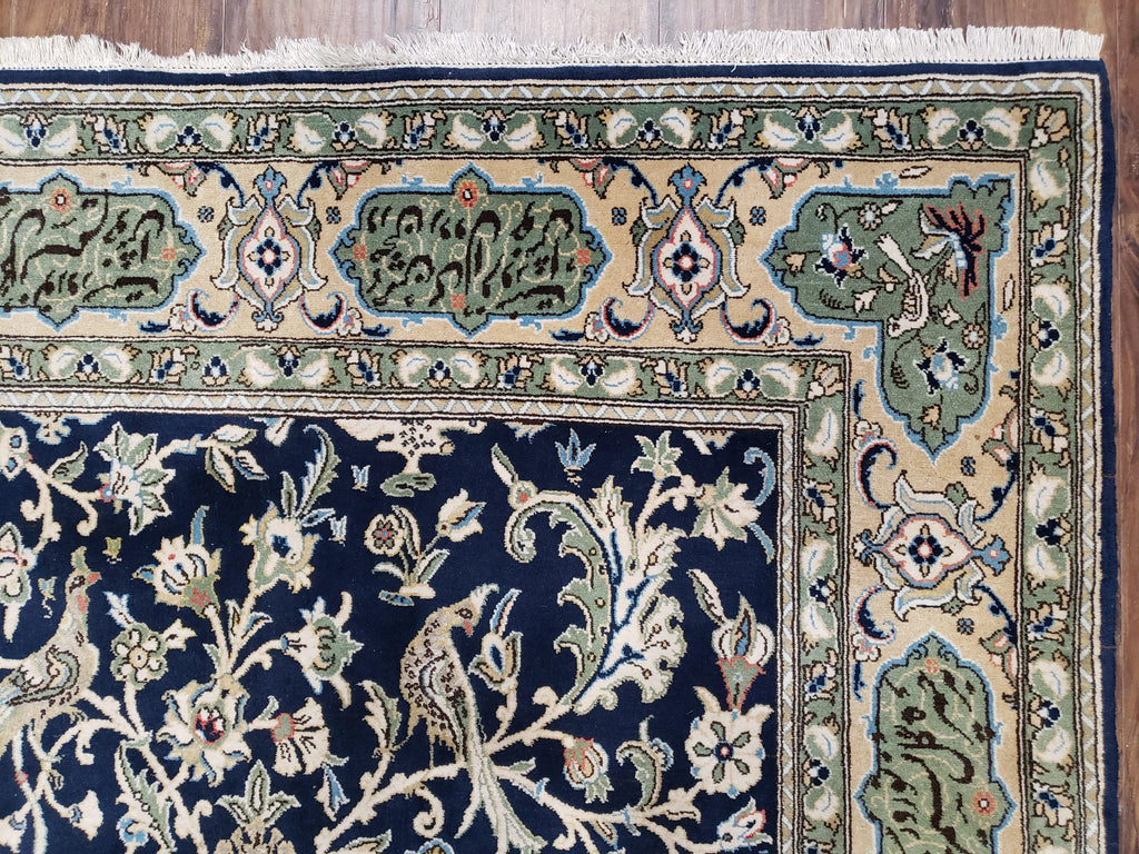 Semi Antique Persian Qum Tree of Life Rug, Hand-Knotted, Wool, Midnight Blue and Tan, Animal Pictorials, Written Poem in Borders, 4' 8" x 7' 8"