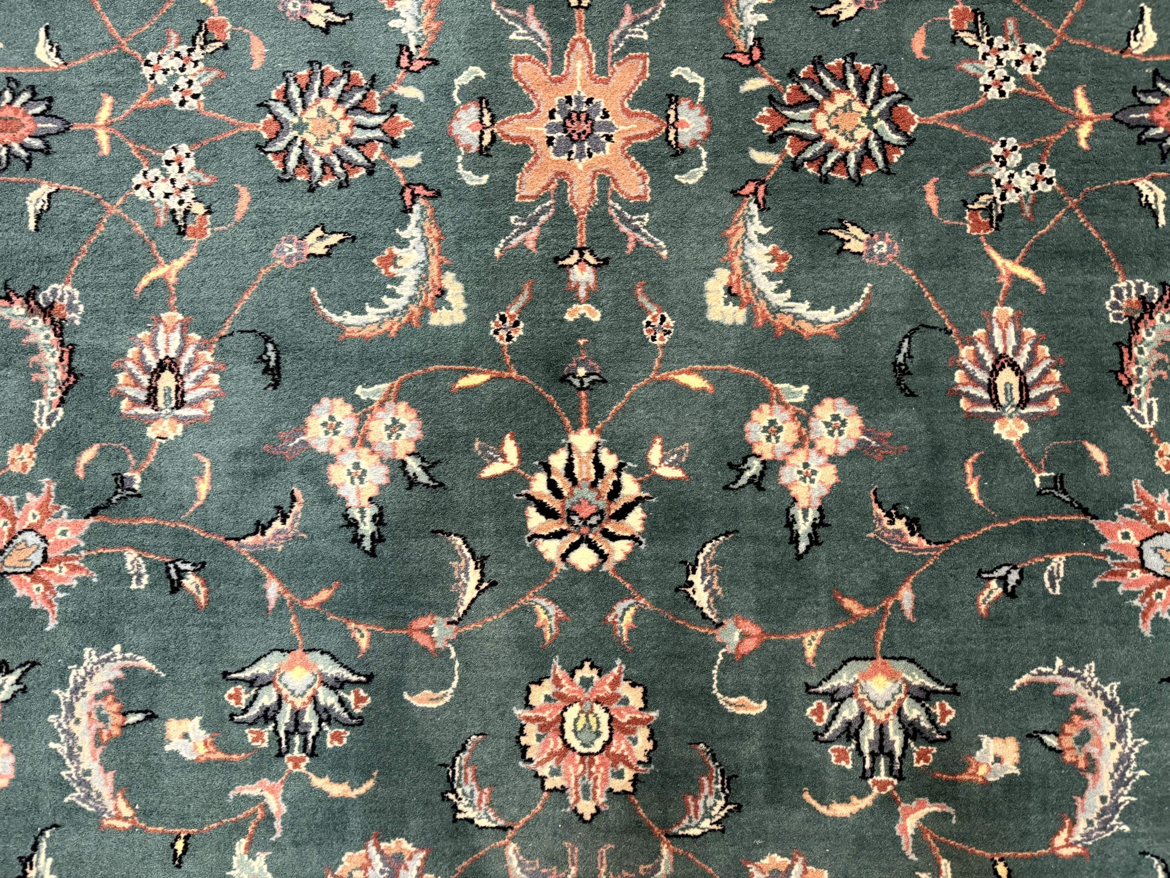 Indo Persian Rug 8x10, Green and Beige Oriental Carpet, Traditional Wool Area Rug, Floral Allover Pattern