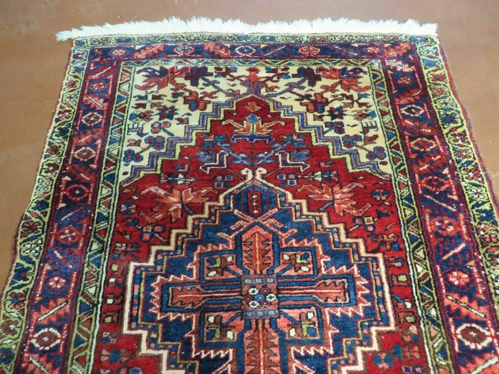 Persian Runner Rug, Heriz Runner Rug, Geometric Medallions, Red Cream Navy Blue Wool Hallway Rug 3.9 x 10.8 Antique Oriental Runner Handmade