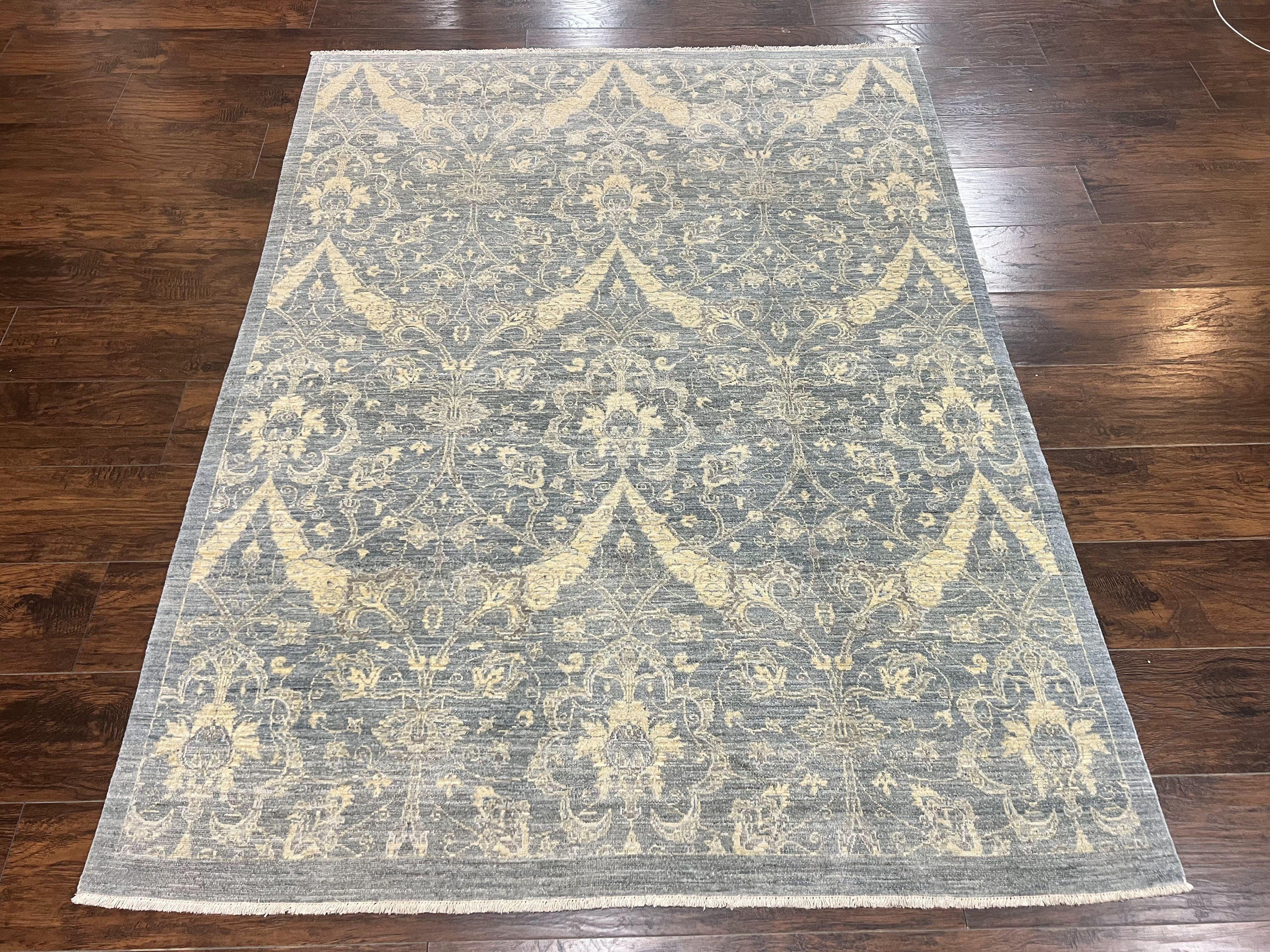 Contemporary Pakistani Rug 5 x 6.6, Handmade Floral Wool Rug, Spanish Pattern