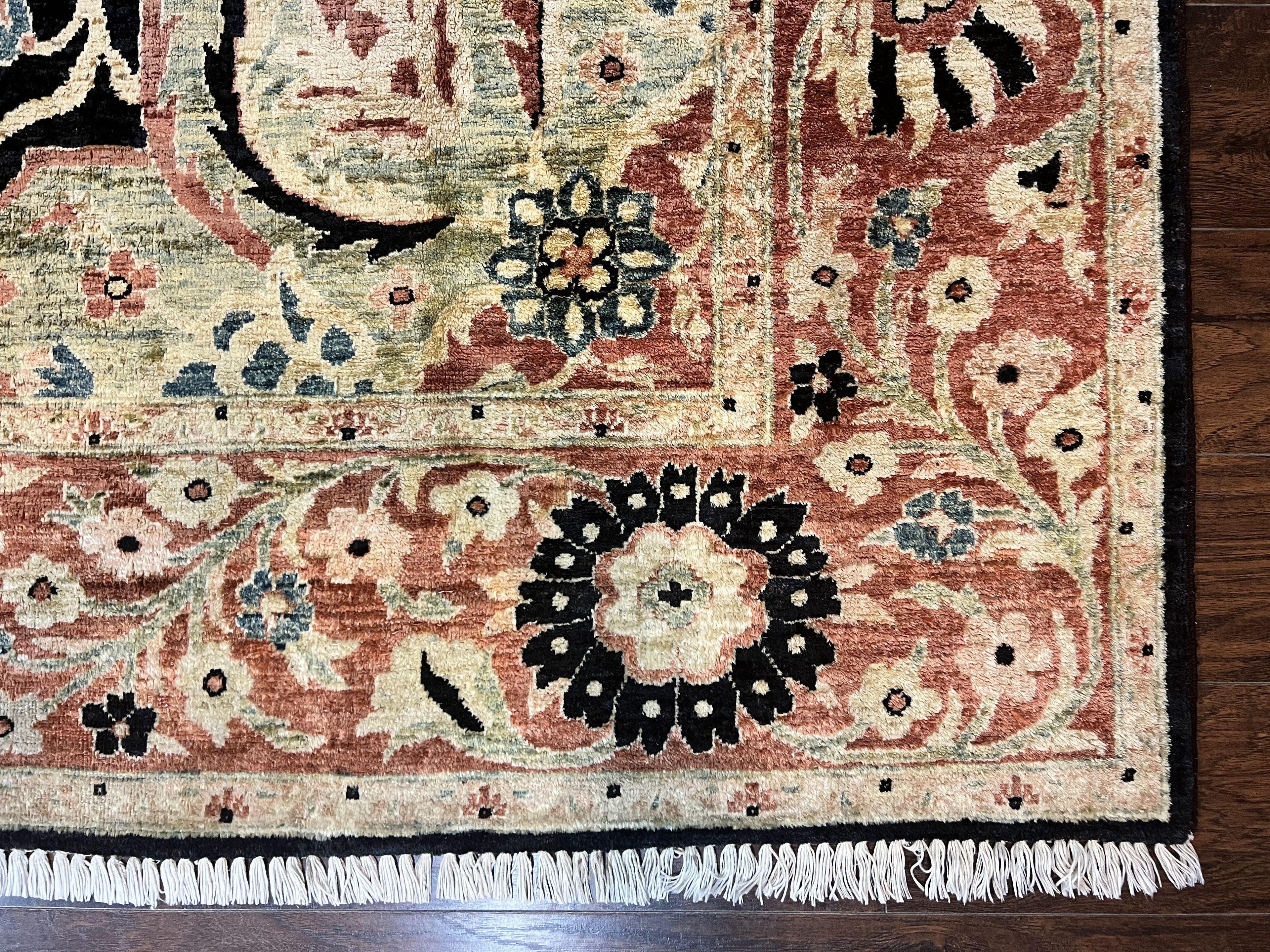Pak Persian Rug 8x10, Pakistani Mahal Sultanabad Carpet, Signature from Master Weaver, Shiny Wool, Black Red Vintage Handmade Medallion Rug