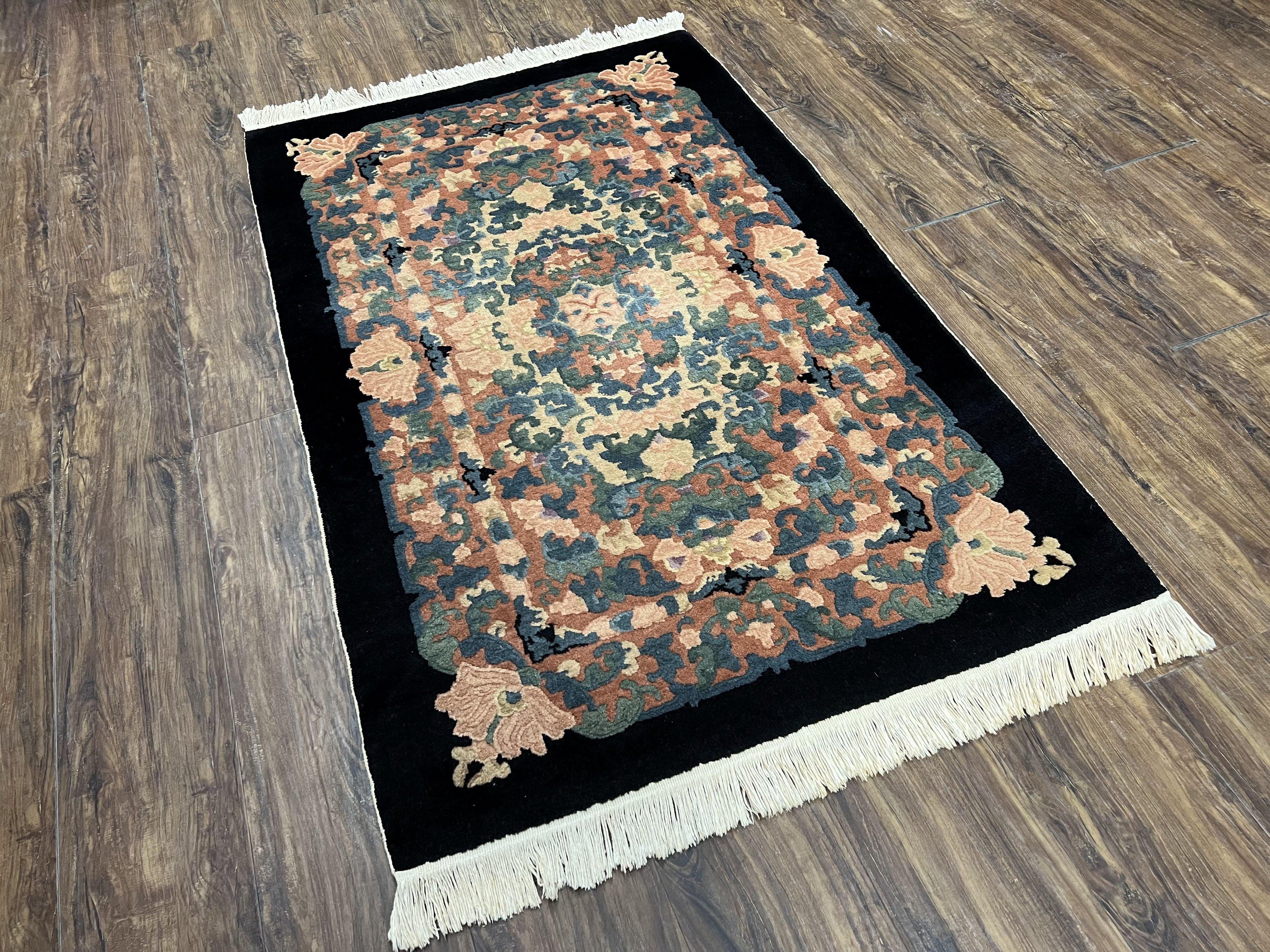 Chinese Art Deco Rug 3x5, Black and Beige Chinese Carpet 3 x 5, Vintage Rug, 1950s Rug, Floral Rug, Handmade Rug, Art Deco Rug, Wool Rug
