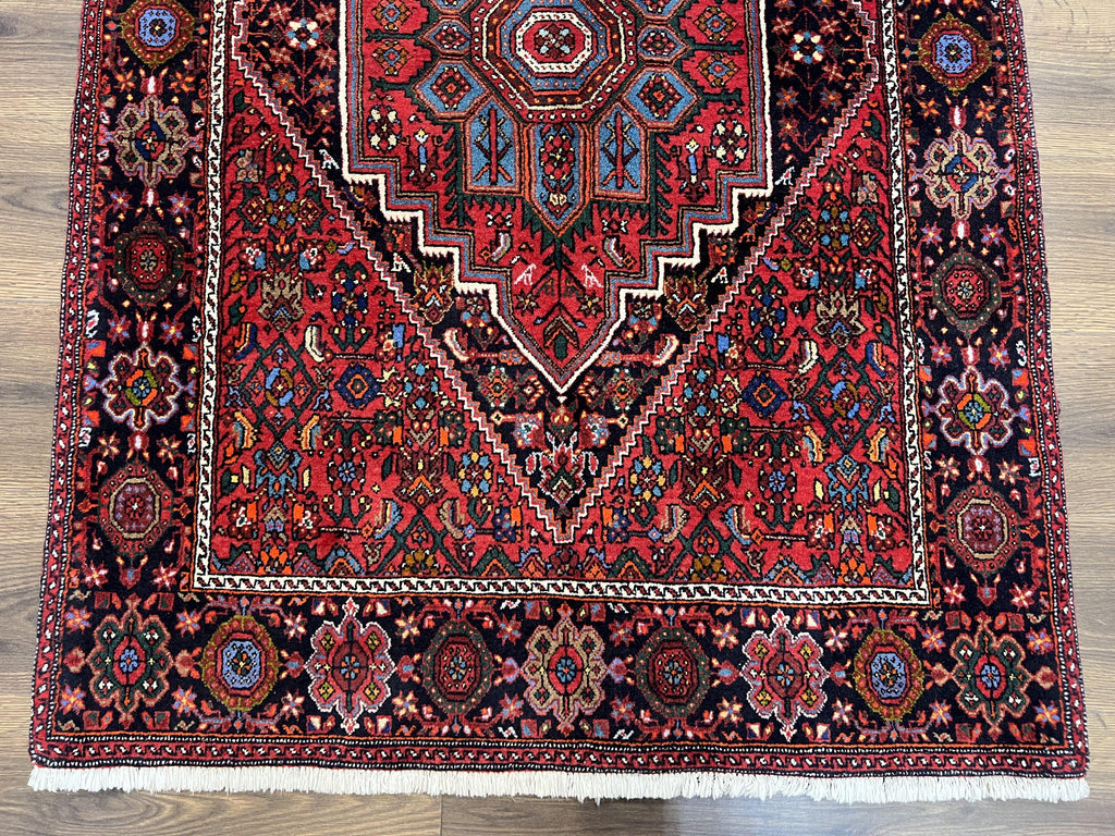 Fine Persian Bidjar Rug 3x5 ft, Ruby Red and Black, Geometric Medallion, Hand Knotted Semi Antique Oriental Bijar Carpet, Wool Area Rug, Tribal Rug