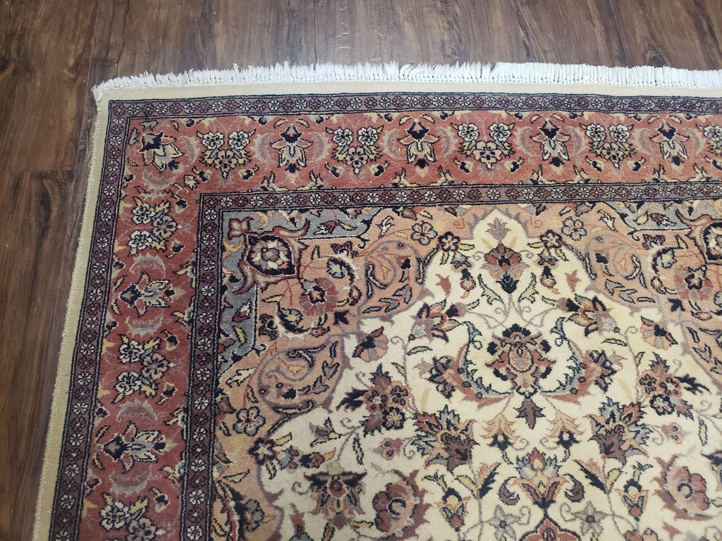 4x6 Handmade Top Quality Pakistani Floral Wool Rug Veg Dyes Carpet Beige Salmon