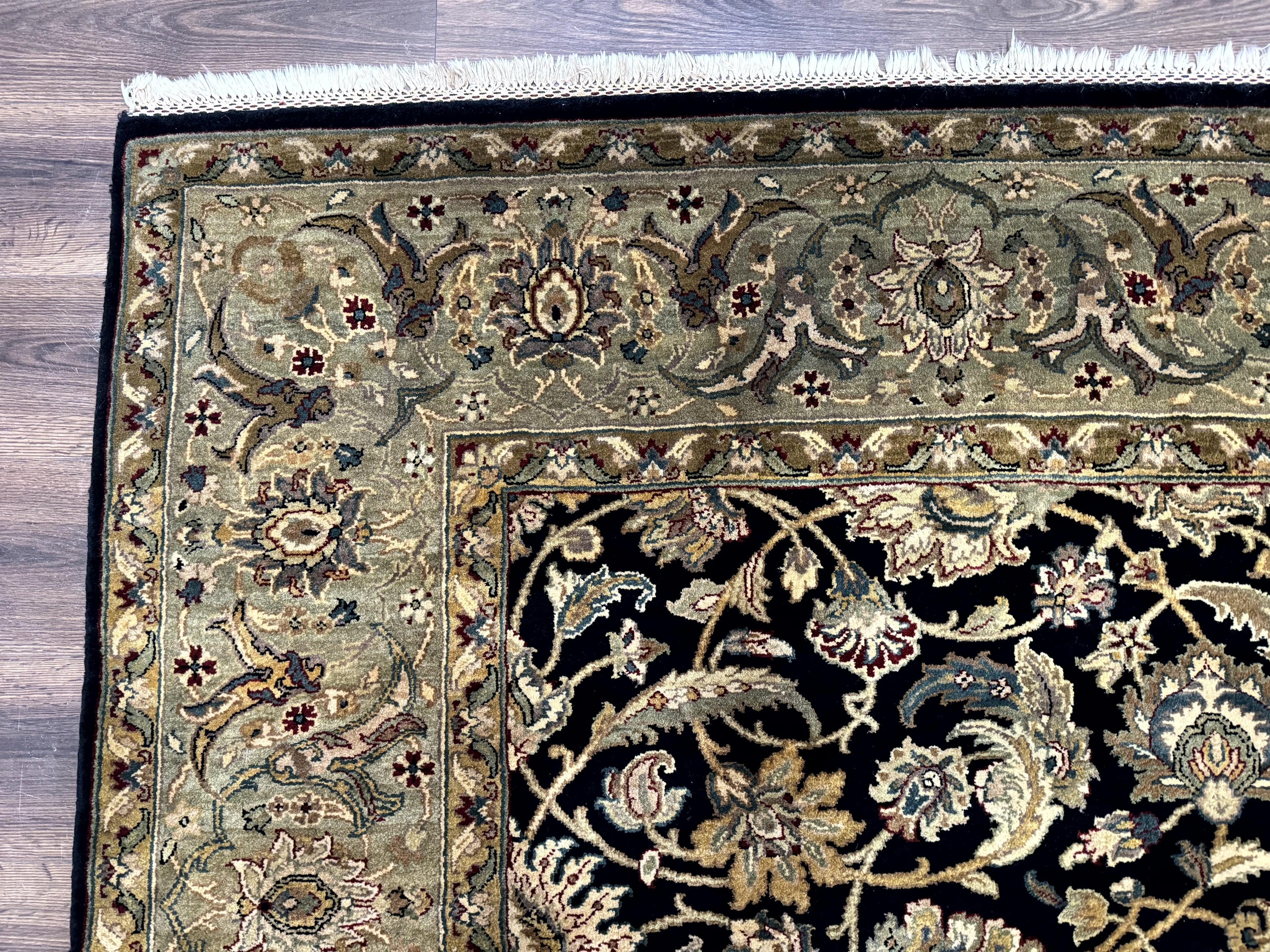 Indo Persian Rug 8x10, Black and Green, Wool, Handmade, Traditional, Floral Allover, Vintage