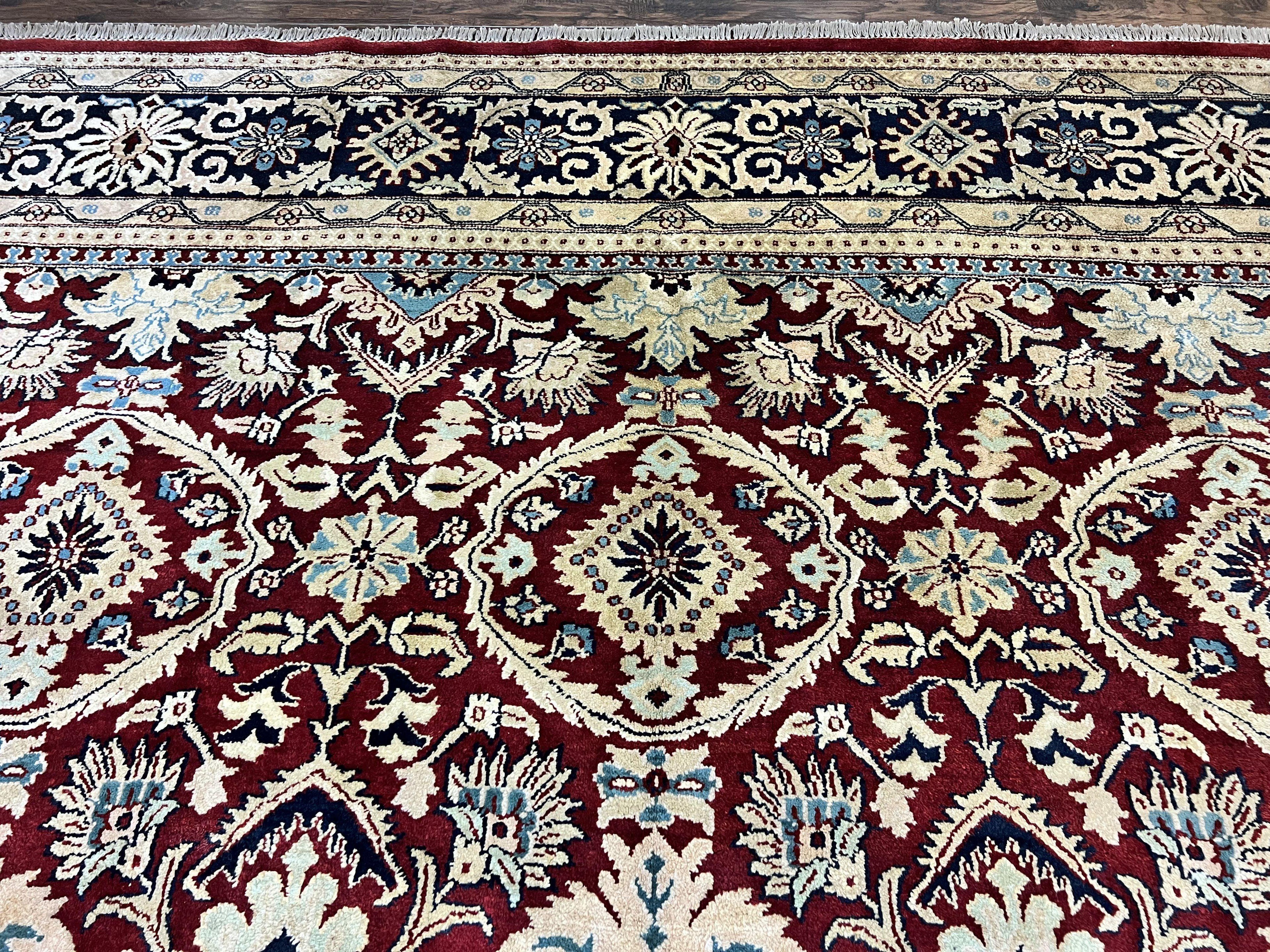 Indian Agra Rug 12x15, Maroon, Hand Knotted Vintage Palace Sized Oriental Carpet