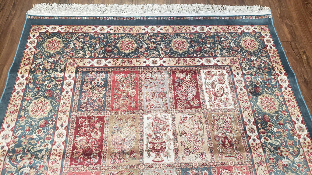 Silk Carpet 4x6 Blue, Panel Design, Four Seasons Pattern, Super Fine & Soft, Bamboo Silk, 4 x 6 Oriental Area Rug, High Quality, New Rug
