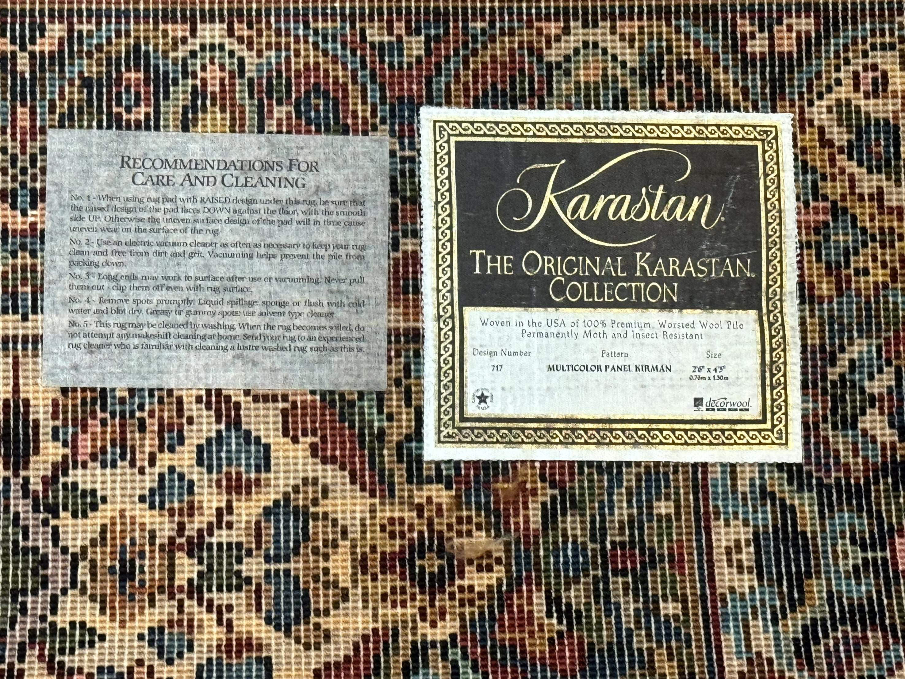 Karastan Rug 2.6 x 4 Multicolor Panel Kirman #717, Original 700 Series, Wool Pile Discontinued