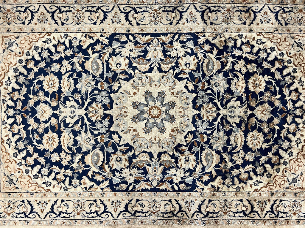 Persian Nain Rug 3x5, Floral Medallion Oriental Carpet, Very Fine Hand Knotted Handmade Wool and Silk Highlights Rug, Vintage Semi Antique