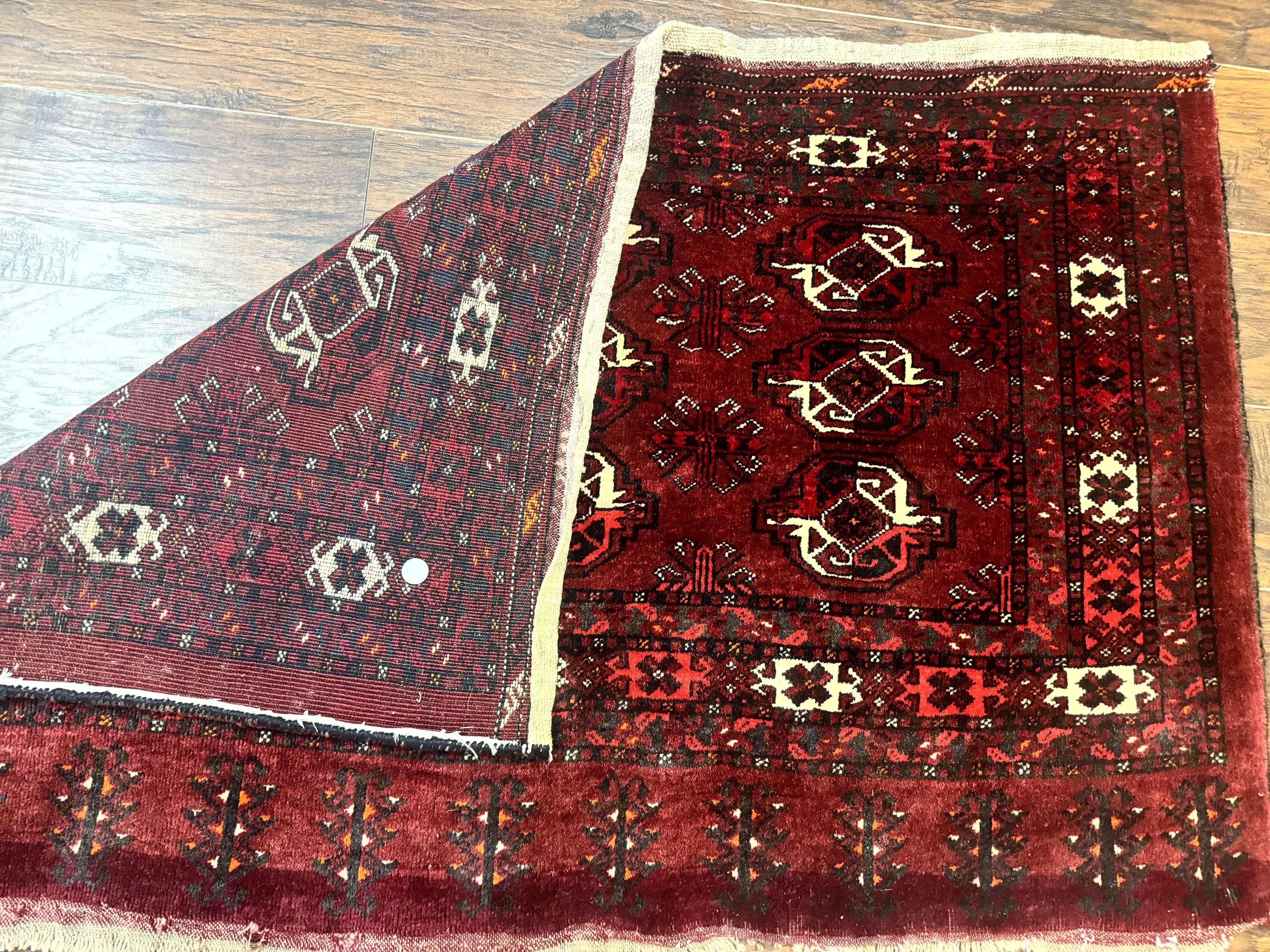 Antique Afghan Turkoman Mafrash Rug 3x5, Red, Hand Knotted, Wool, Tribal Collectible