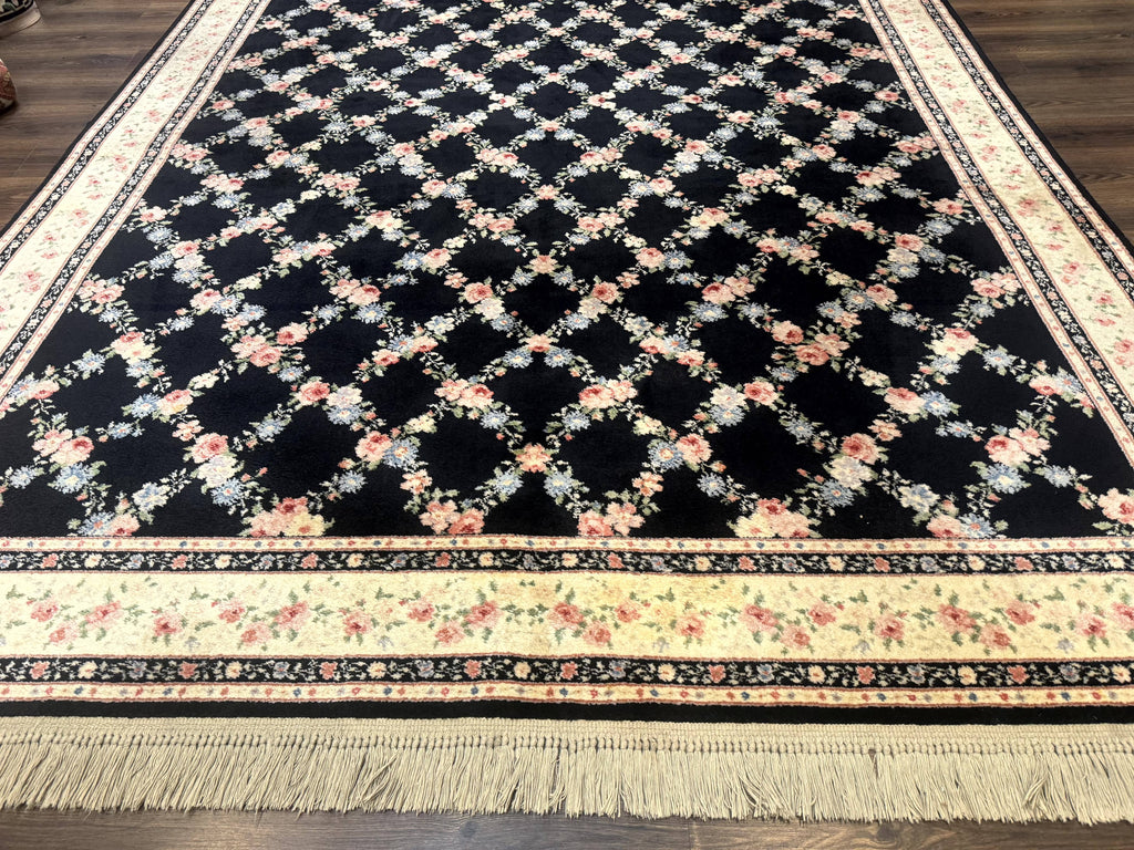 8.8 x 12 Karastan Garden of Eden Rug, Ebony Trellis #509/1270, Black, Floral, Wool Pile, Vintage, Discontinued