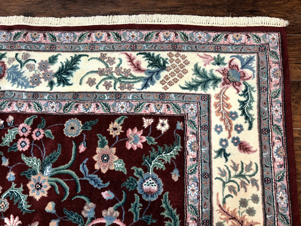 Indo Persian Rug 8x10, Red and Ivory, Floral Allover, Handmade Wool Area Rug