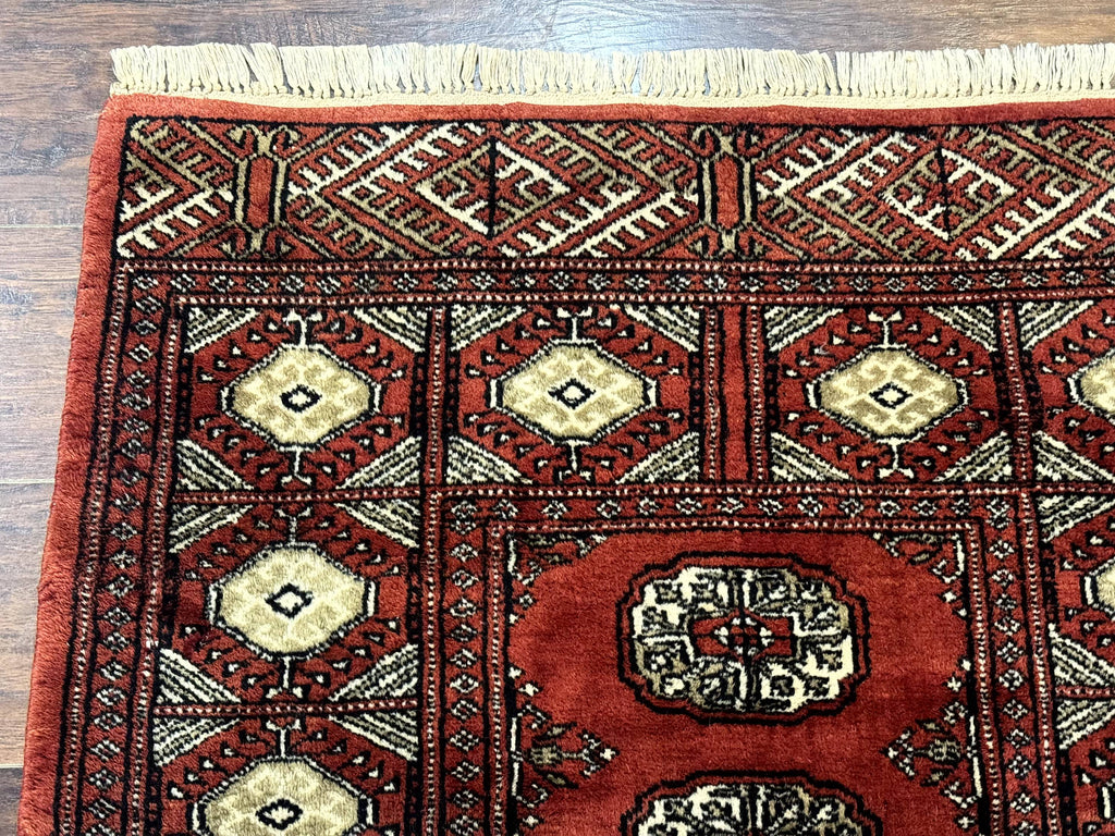 Red Pakistani Turkoman Rug 3x5, Bokhara Design, Vintage, Signed