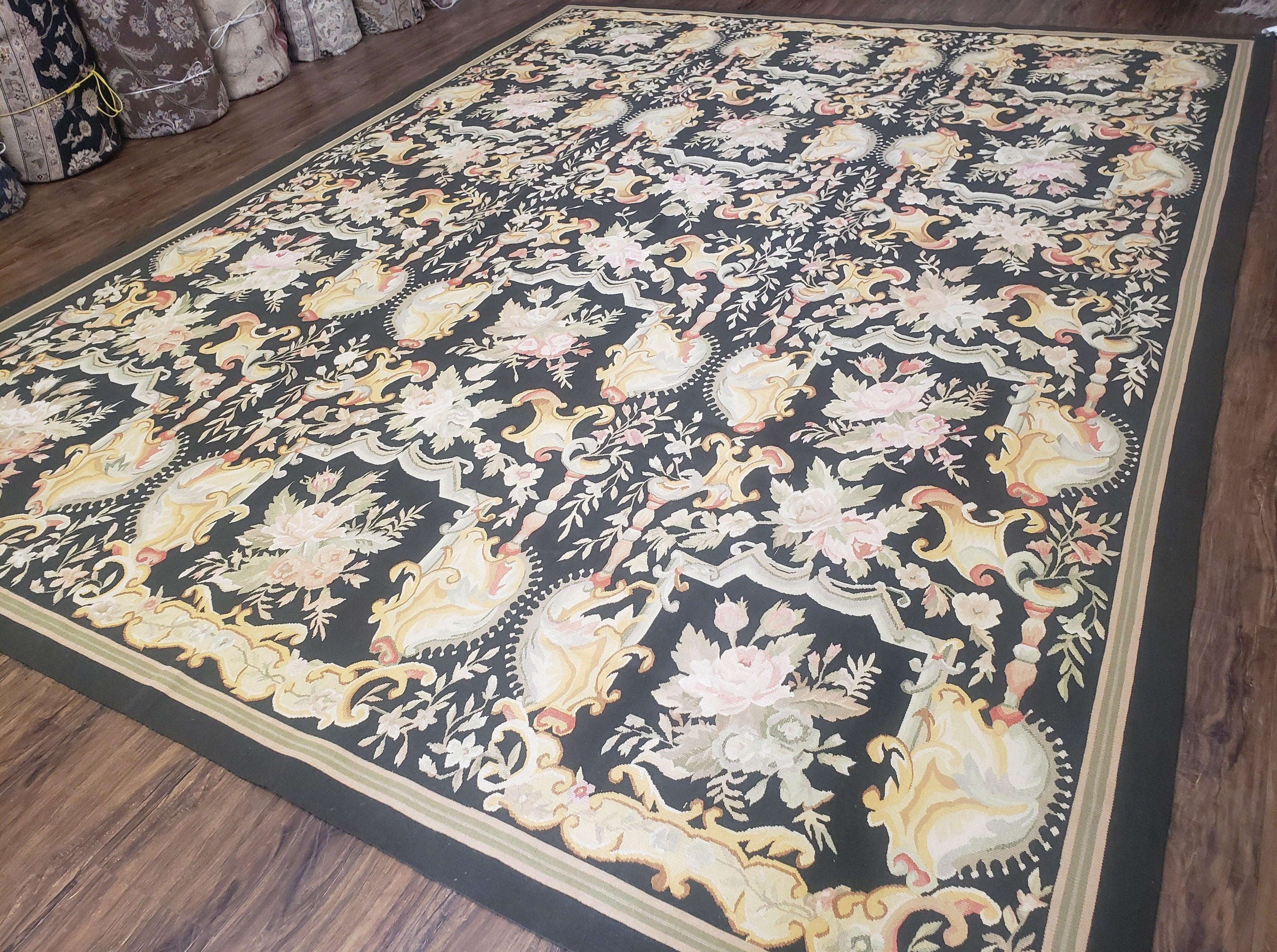 Vintage Black Aubusson Area Rug 8x10, Large Flowers Chinese Aubusson Carpet 7.9 x 10, Wool Hand-Knotted Floral Pattern Flat Weave Rug Nice