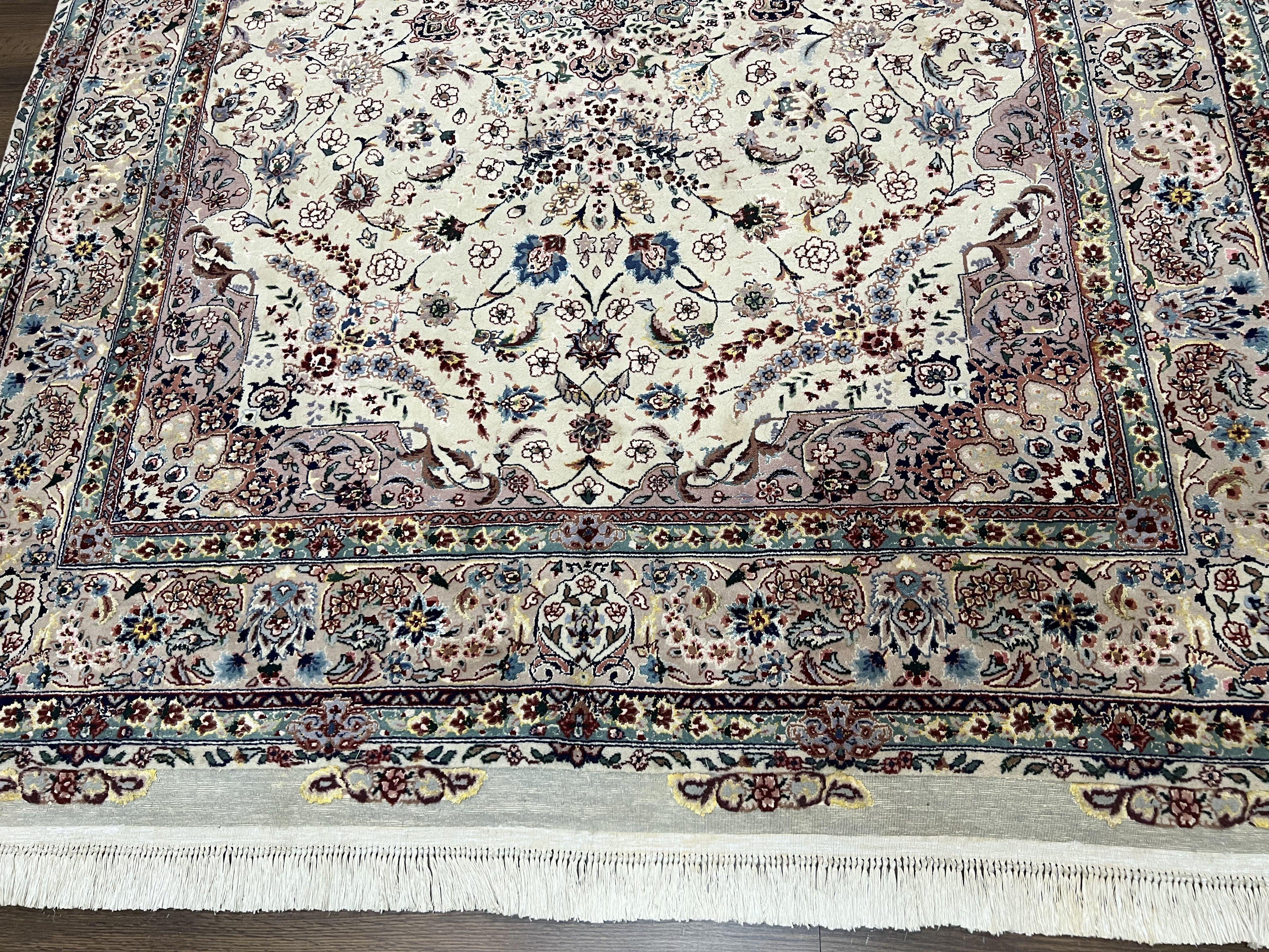 Beautiful Pak Persian Rug 6x9, Floral Medallion, Wool and Silk, Highly Detailed Elegant Carpet, Vintage Oriental Rug 6 x 9, Cream and Gray