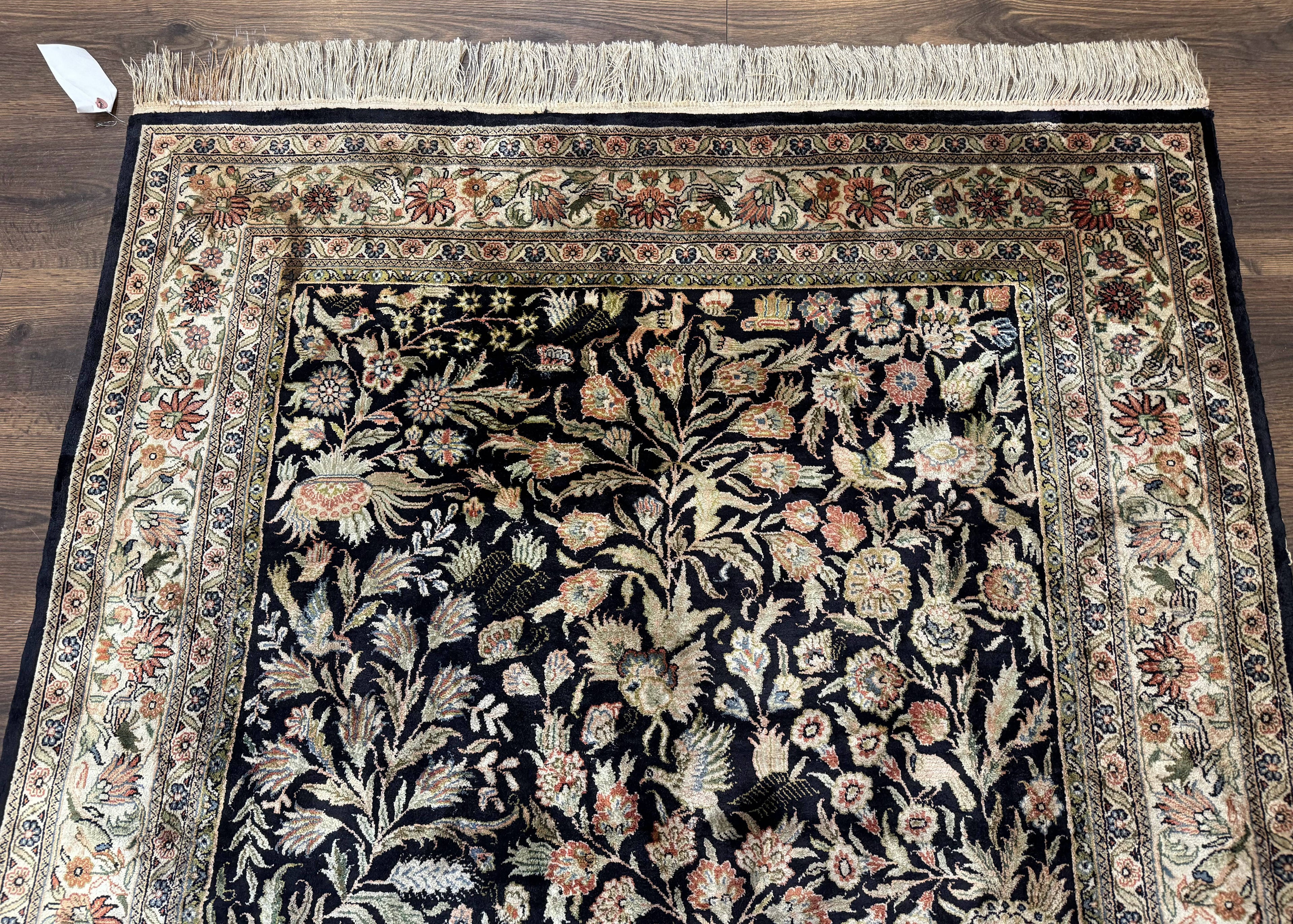 Silk Rug 4x6, Black and Cream, Floral & Bird Pictorials, Fine 330 KPSI, Sino Persian Rug