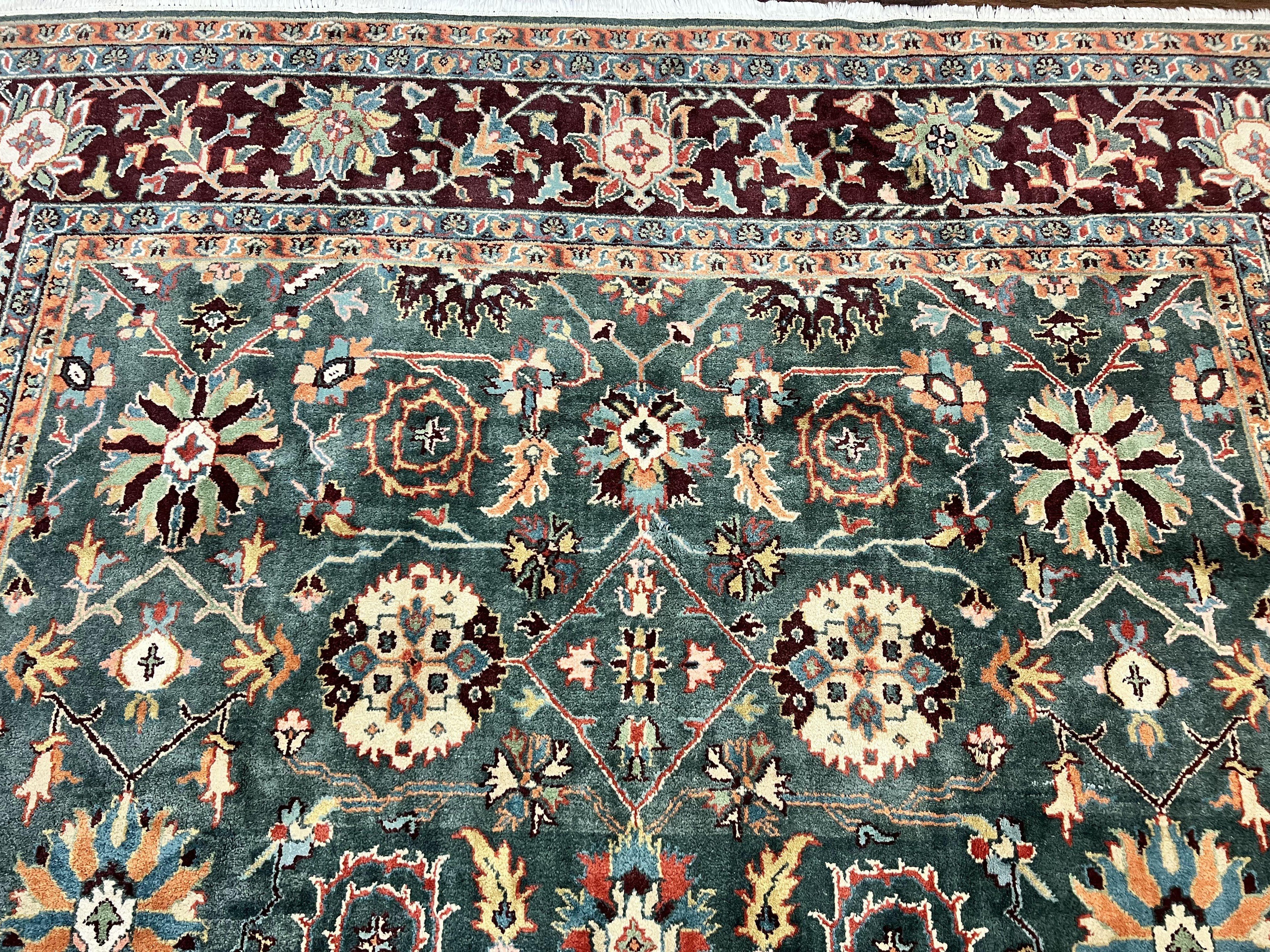 Indo Persian Rug 9x12, Wool Hand Knotted Vintage Carpet, Green and Maroon, Traditional Allover Floral Design, 9 x 12 Room Sized Rug
