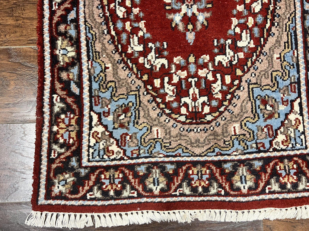 Indo Persian Runner Rug 2.8 x 14.8, Long Indo Kirman Hallway Rug, Red Floral Wool Vintage Handmade Oriental Runner
