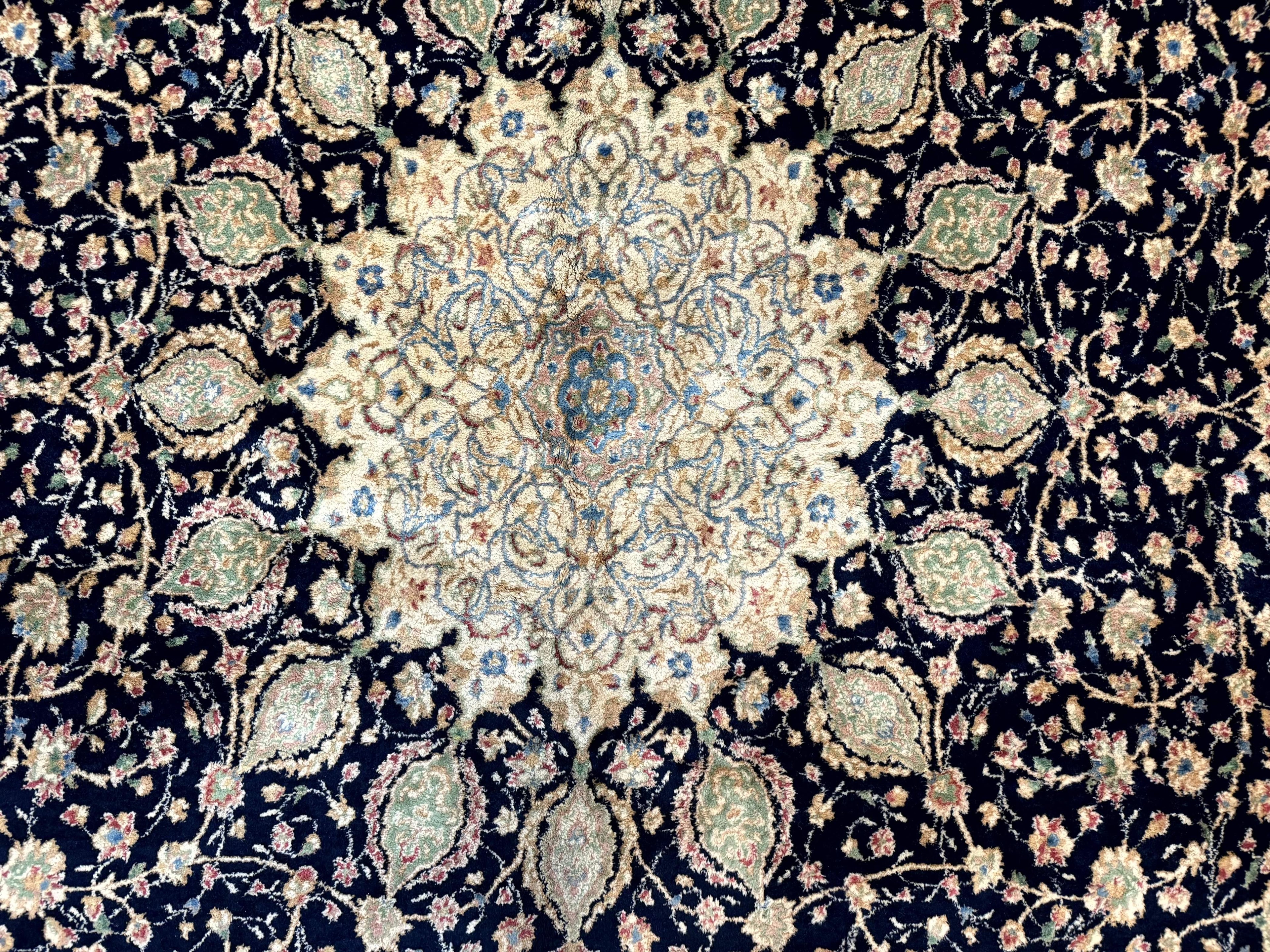 Large Persian Kerman Rug 10x14, Navy Blue and Beige, Floral Medallion, Traditional Elegant Persian Carpet, Signed by Masterweaver