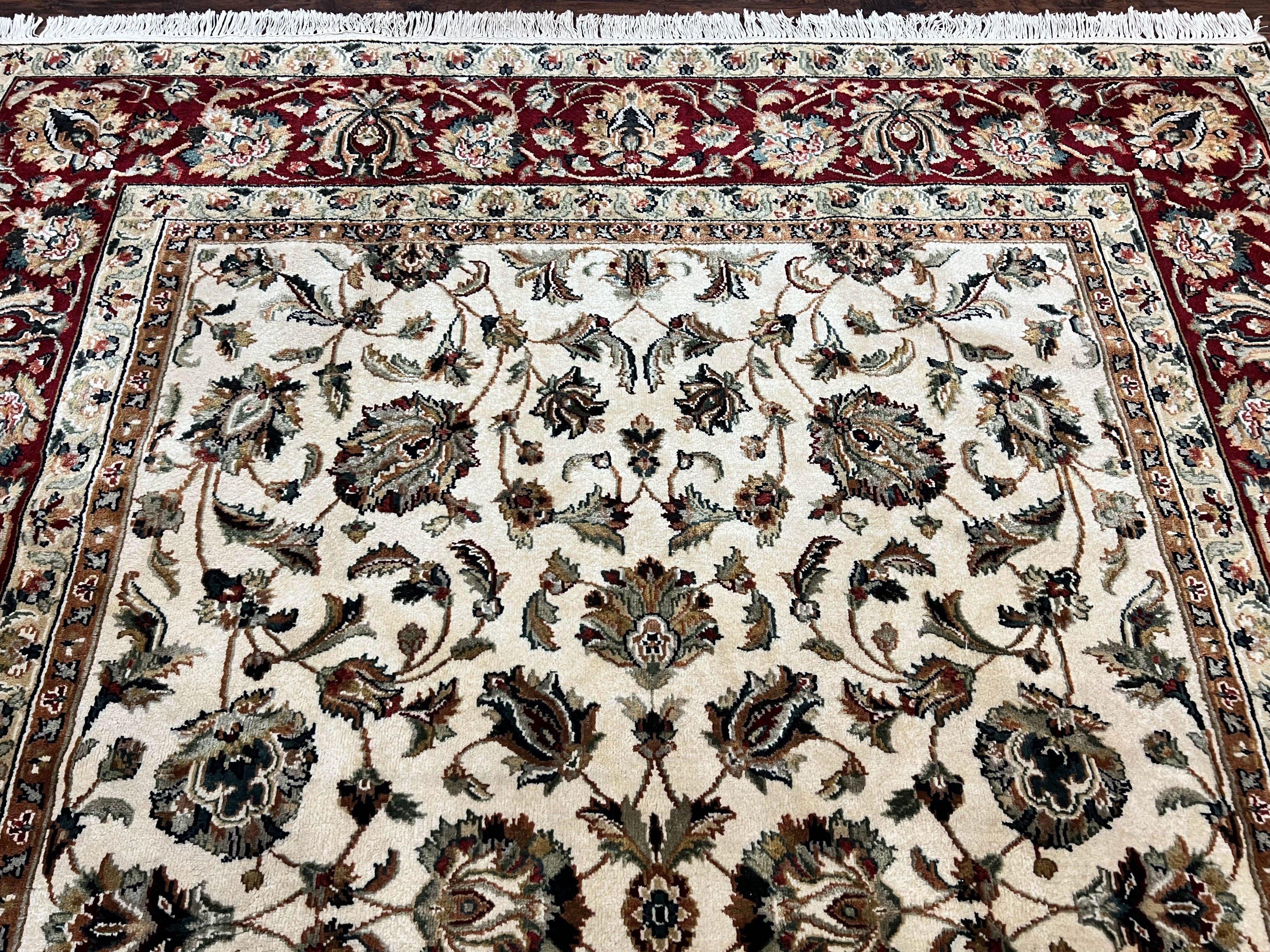 Indo Persian Rug 8x10, Wool Hand Knotted Vintage Carpet, Ivory Maroon, 8 x 10 Traditional Oriental Rug, Floral Allover Rug