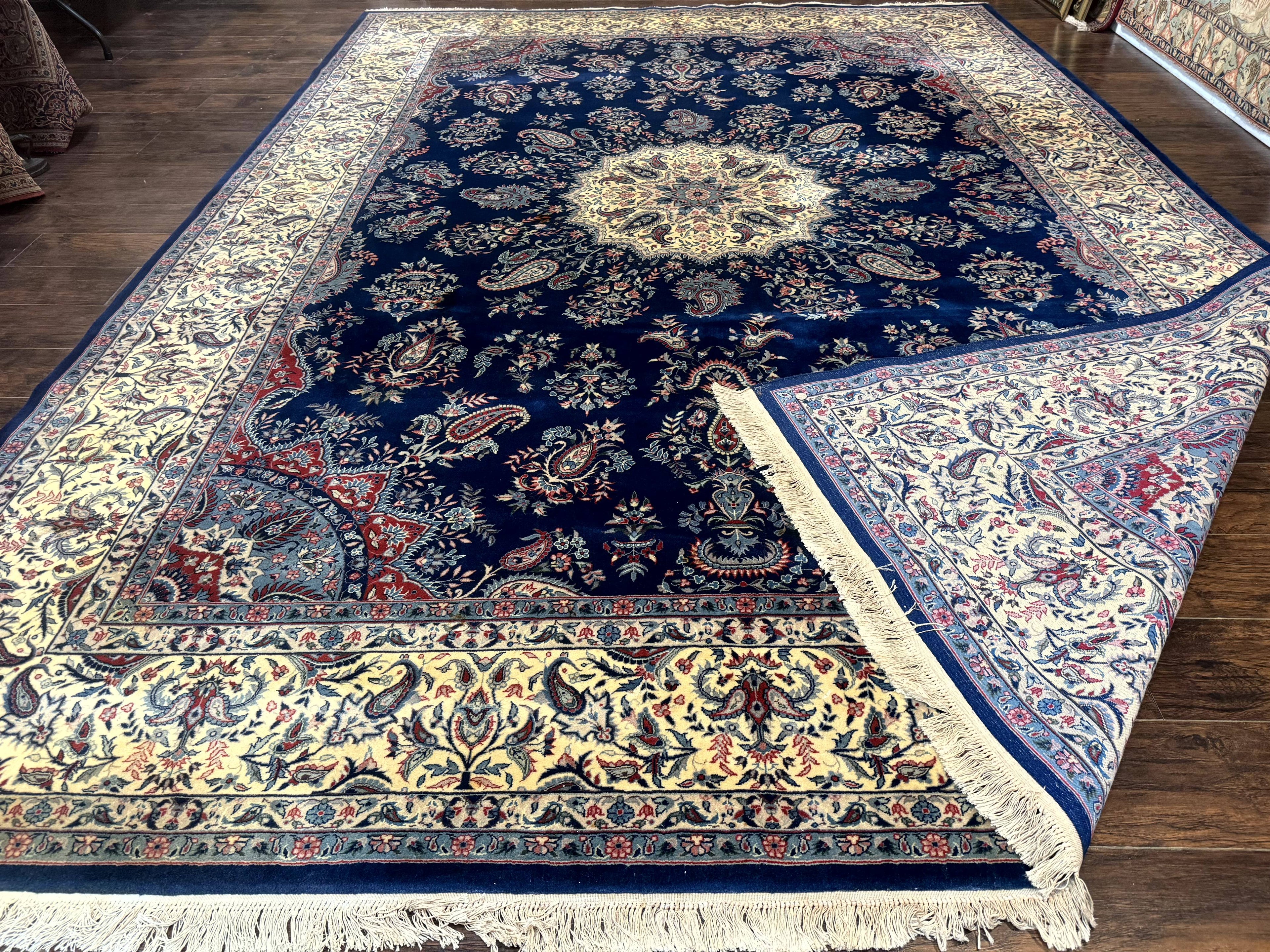 Sino Persian Kerman Rug 10x14, Blue and Beige, Floral Medallion, Fine 240 KPSI