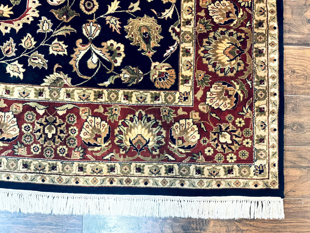 Indo Persian Rug 8x10, Navy Blue and Red, Floral Allover, Hand Knotted Vintage Wool Carpet, Indo Sarouk