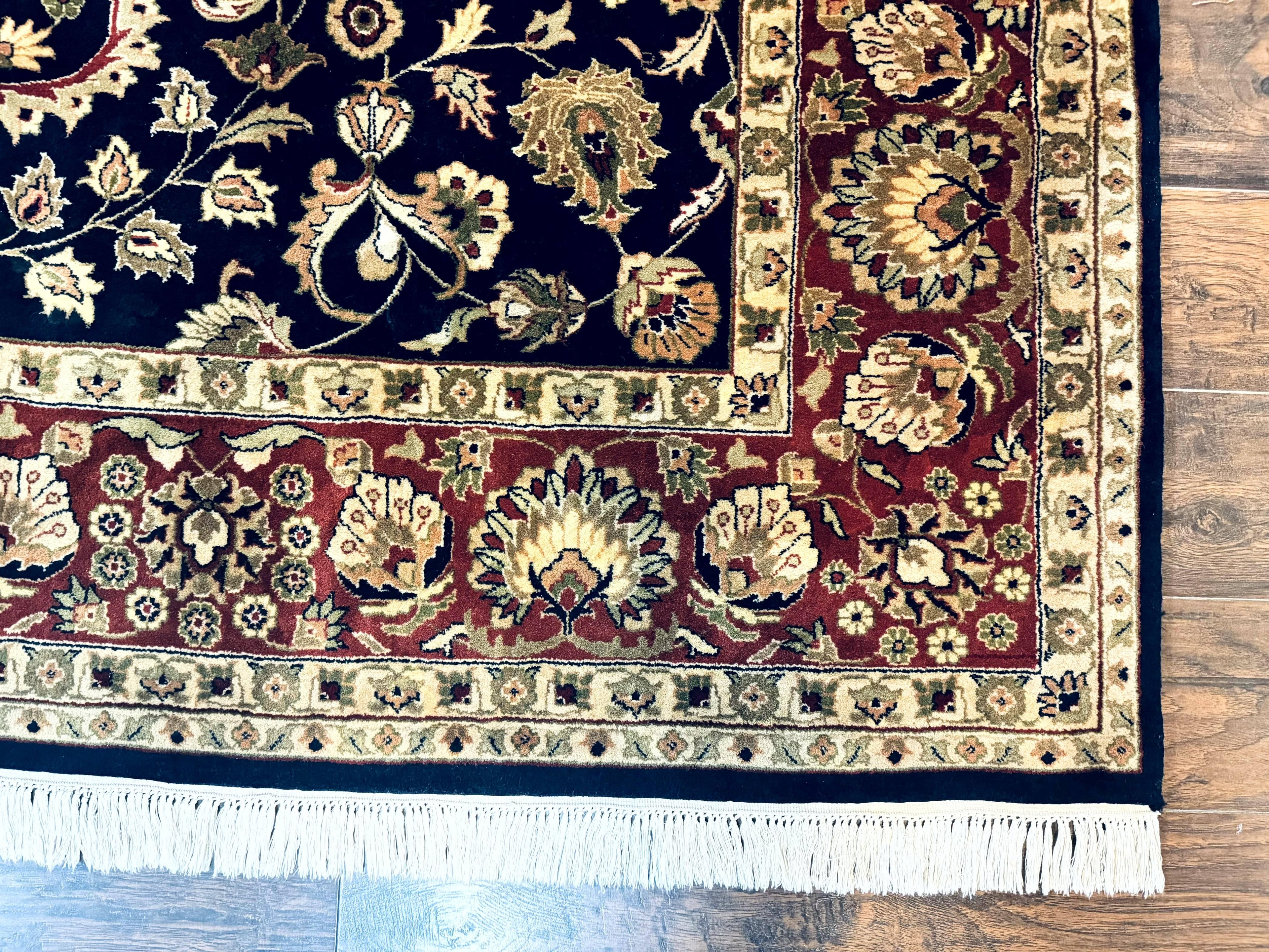 Indo Persian Rug 8x10, Navy Blue and Red, Floral Allover, Hand Knotted Vintage Wool Carpet, Indo Sarouk