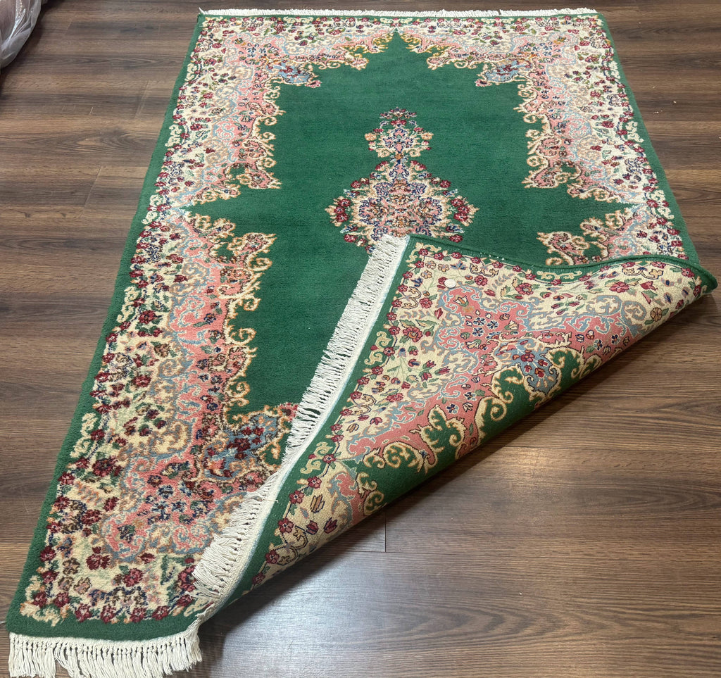 Green Persian Kerman Rug 4x6, Semi Open Field, Green & Cream, Vintage