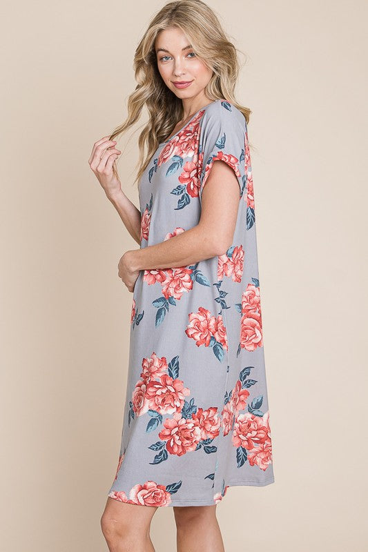 Floral Round Neck Short Tee Dress with Pockets For Women – Comfortable, Casual & Functional for Everyday Wear