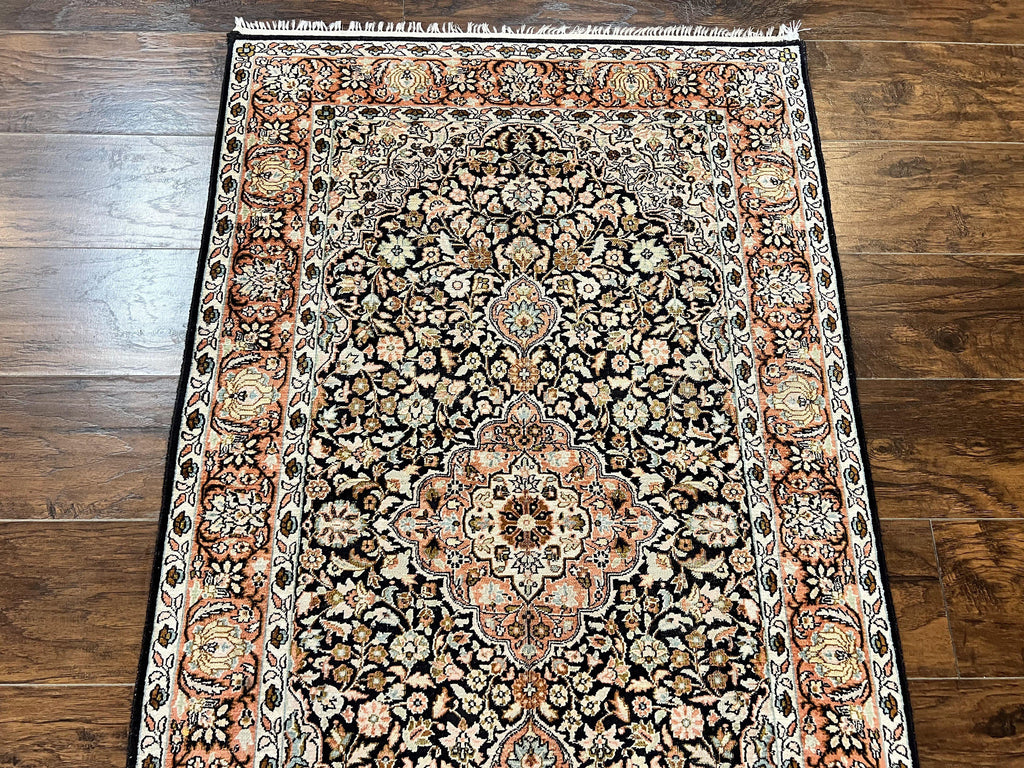 Silk Indian Kashmiri Rug 3x5, Indo Persian Silk on Silk Carpet, Very Fine 350 KPSI, Navy Blue, Handmade, Floral Medallion