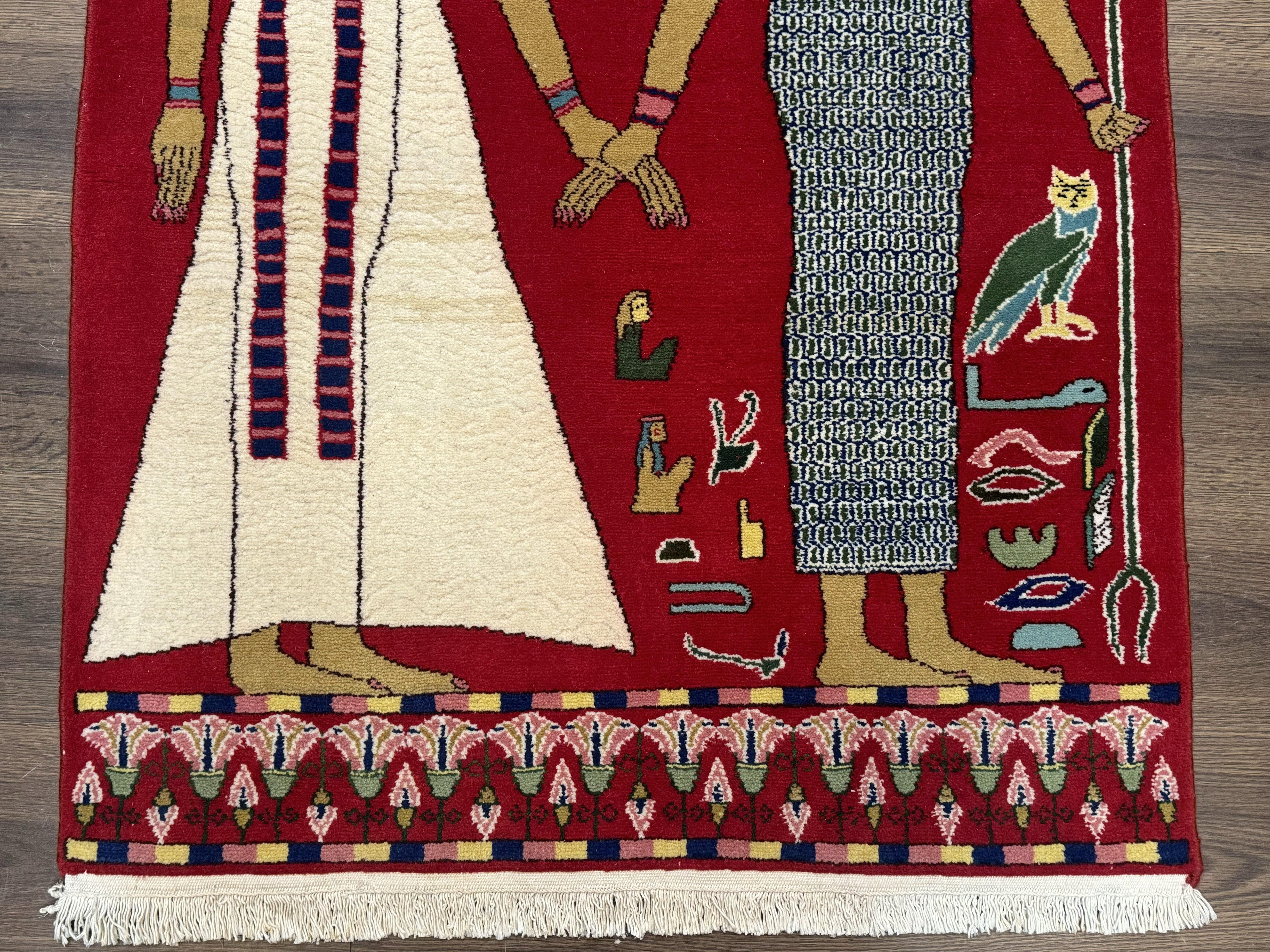Egyptian Pictorial Rug 3x4, Hieroglyphic Pictorial Rug, Egyptian Prince and Princess, Cleopatra, Vintage Handmade, Red