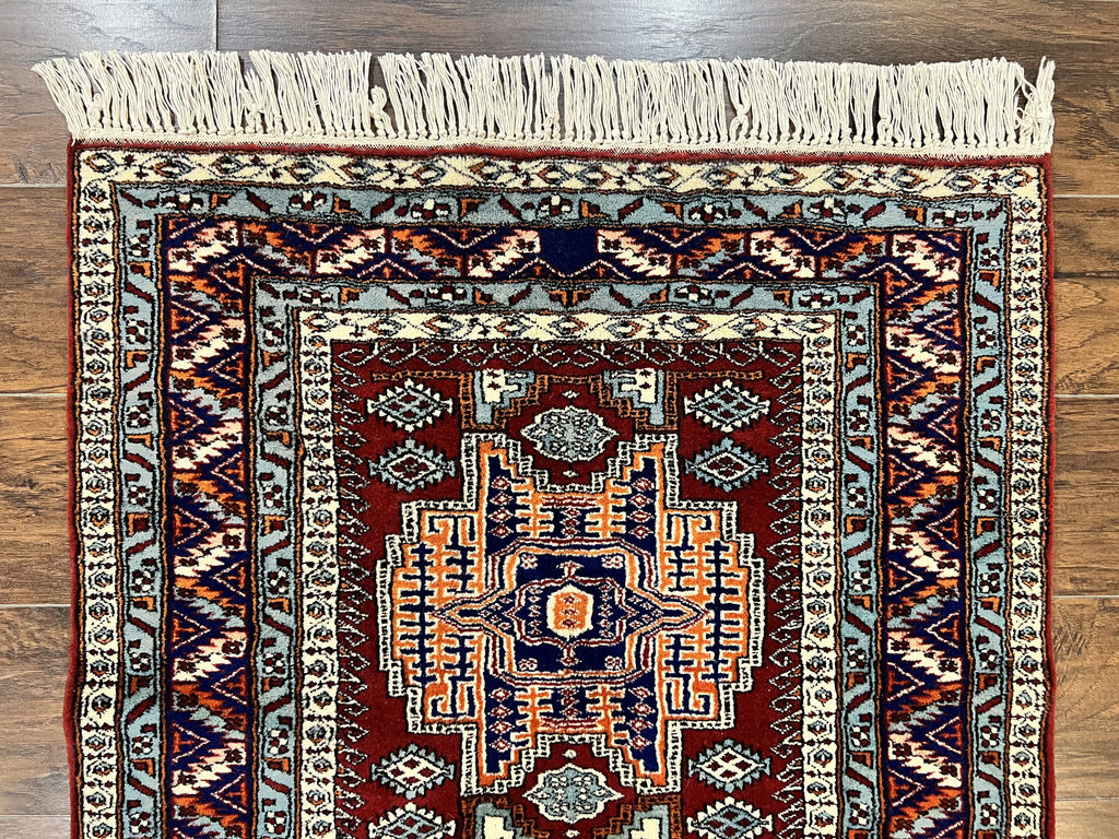 Pakistani Rug 3x5 ft, Caucasian Kazak Design, Geometric Rug, Small Vintage Oriental Carpet, Dark Red Vintage Handmade Wool Rug 3 x 5