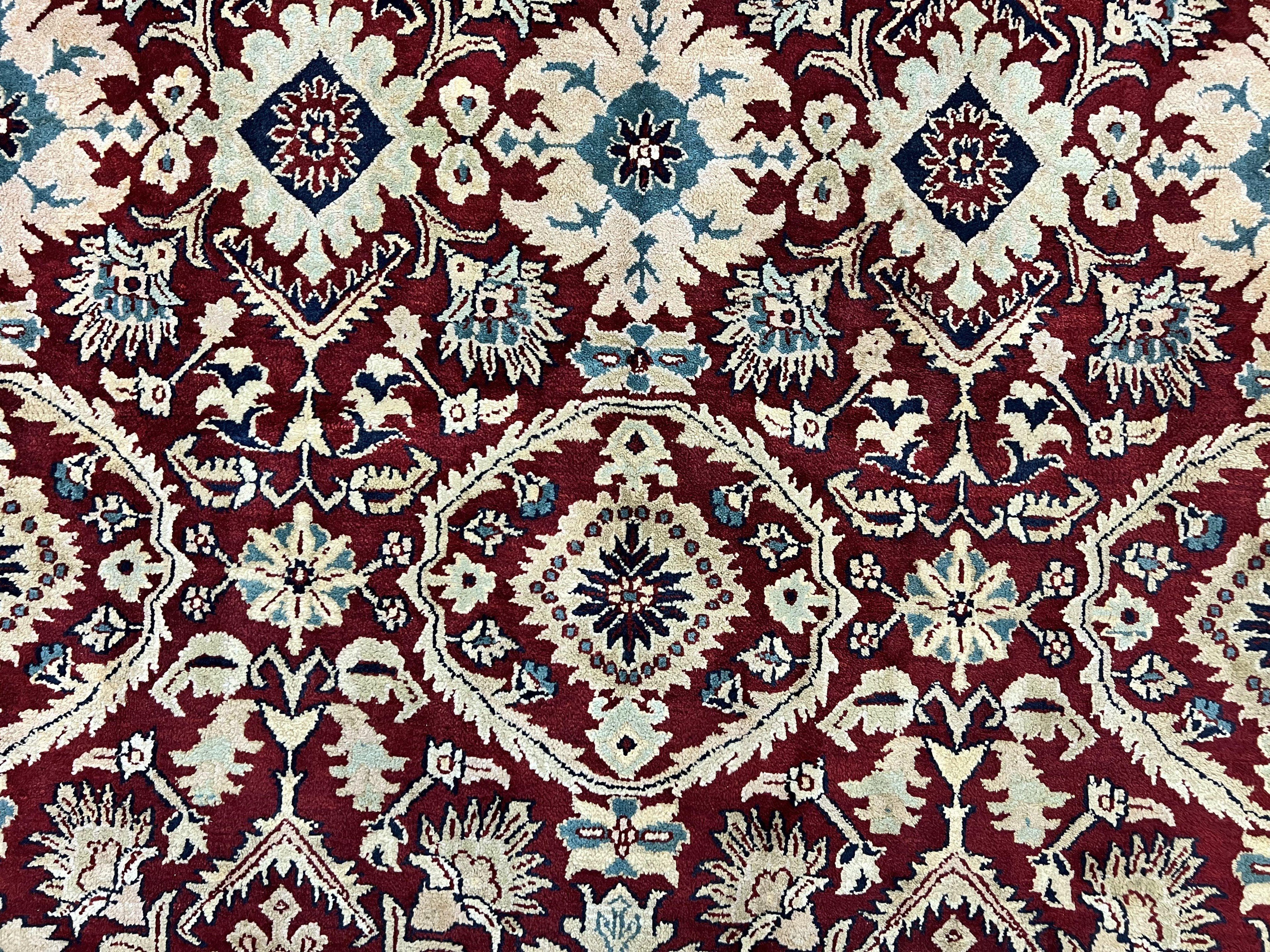 Indian Agra Rug 12x15, Maroon, Hand Knotted Vintage Palace Sized Oriental Carpet