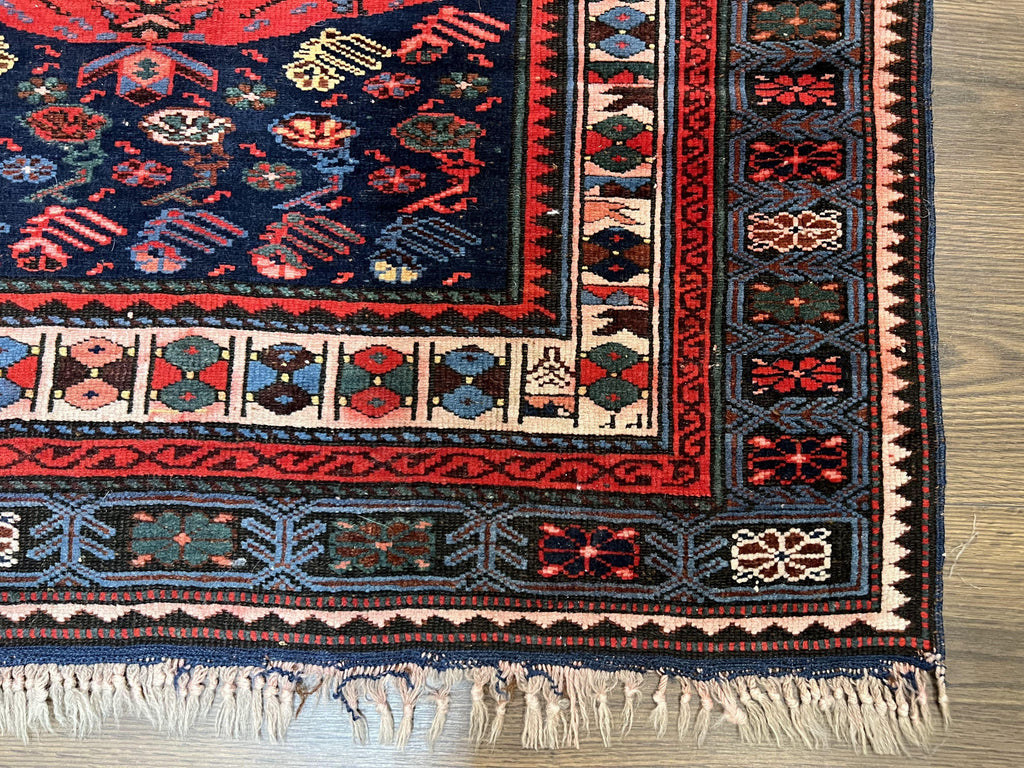 Antique Caucasian Seychour Rug 3.7 x 5.5, Collectible Oriental Carpet, Navy Blue and Red, Fine Kuba Rug, Vintage Rug, Wool Hand Knotted Rug