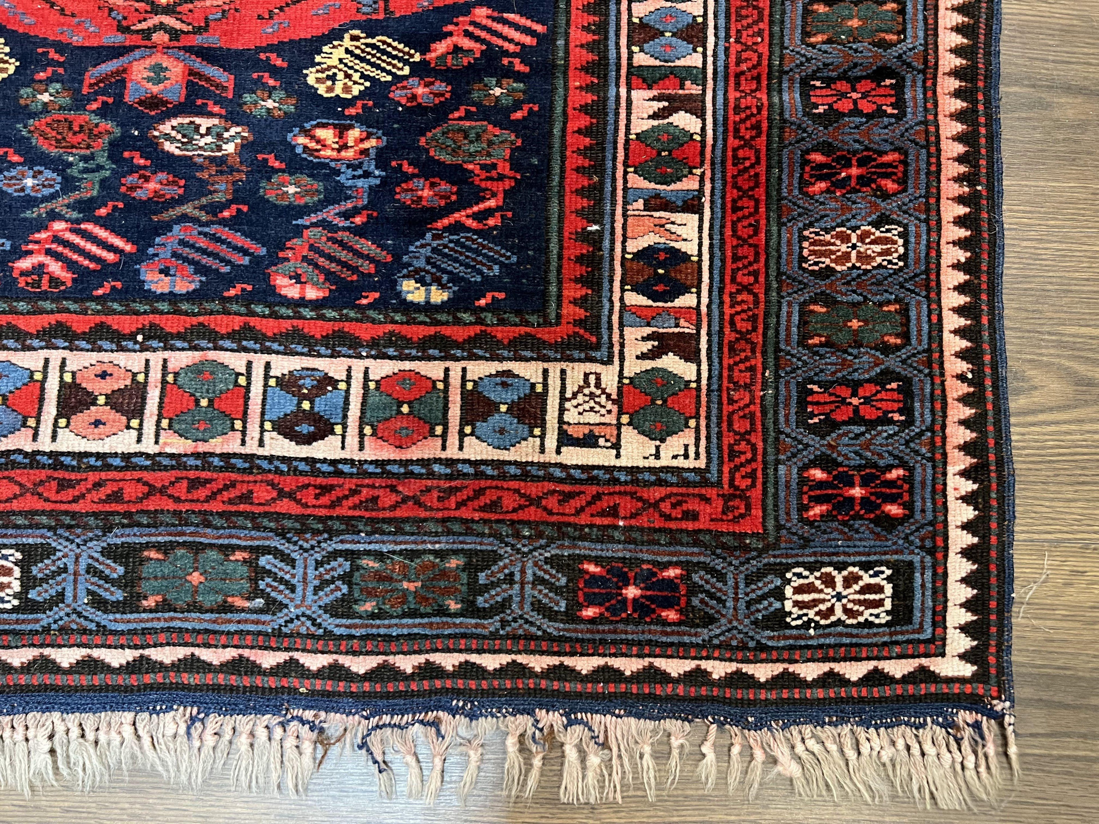 Antique Caucasian Seychour Rug 3.7 x 5.5, Collectible Oriental Carpet, Navy Blue and Red, Fine Kuba Rug, Vintage Rug, Wool Hand Knotted Rug